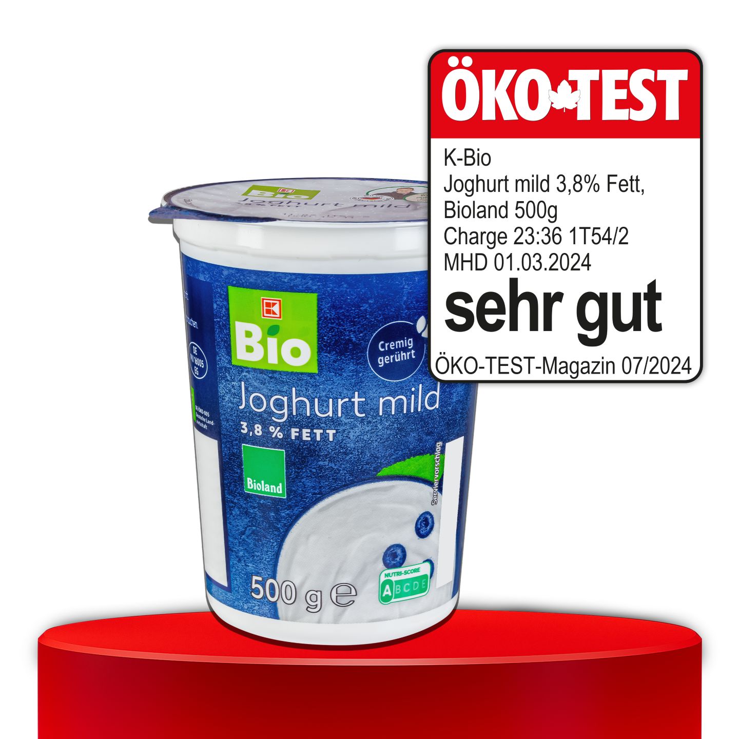 ÖKO-TEST, sehr gut, K-BIO Bioland Joghurt mild 3,8 % Fett, 500 g
