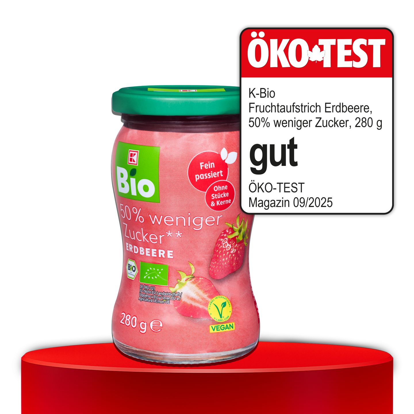 ÖKO-TEST, gut, K-BIO Fruchtaufstrich Erdbeere, 50 % weniger Zucker, 280 g