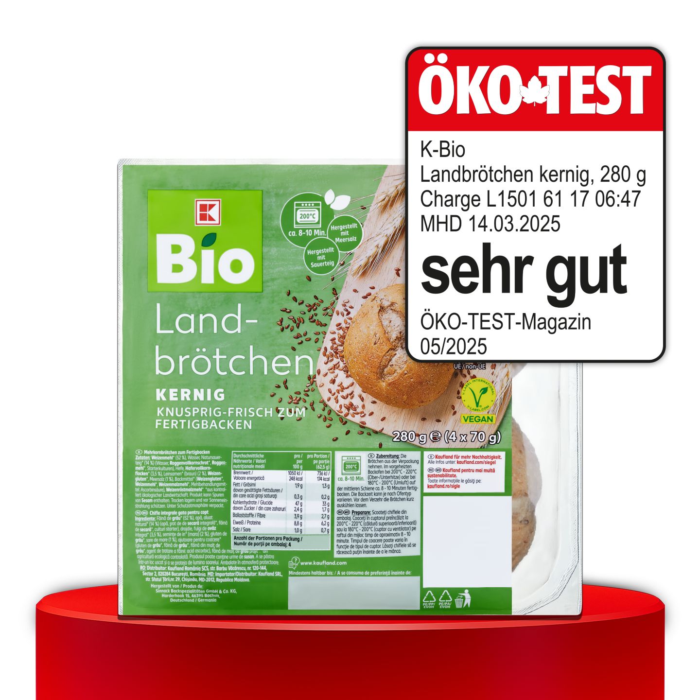 ÖKO-TEST, sehr gut, K-BIO Landbrötchen kernig, 280 g
