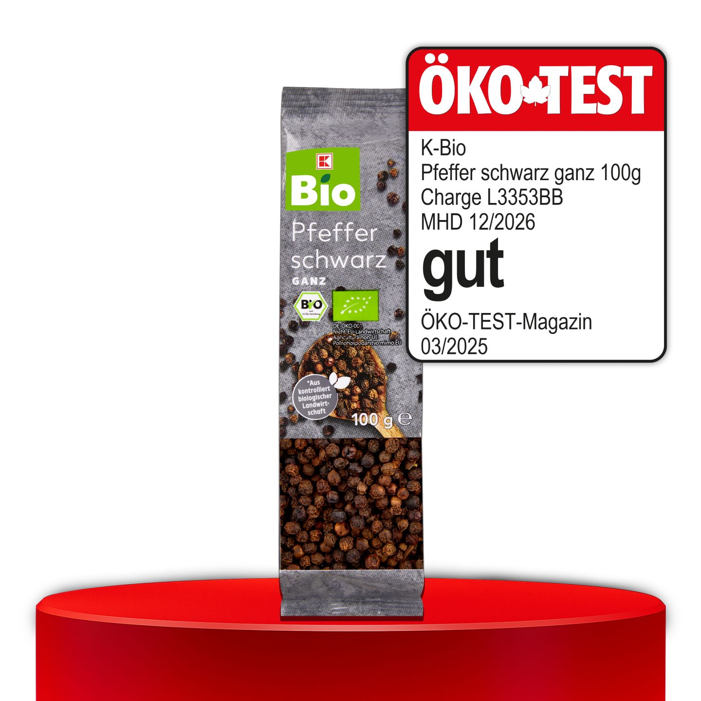 ÖKO-TEST, gut, K-BIO Pfeffer schwarz ganz, 100 g