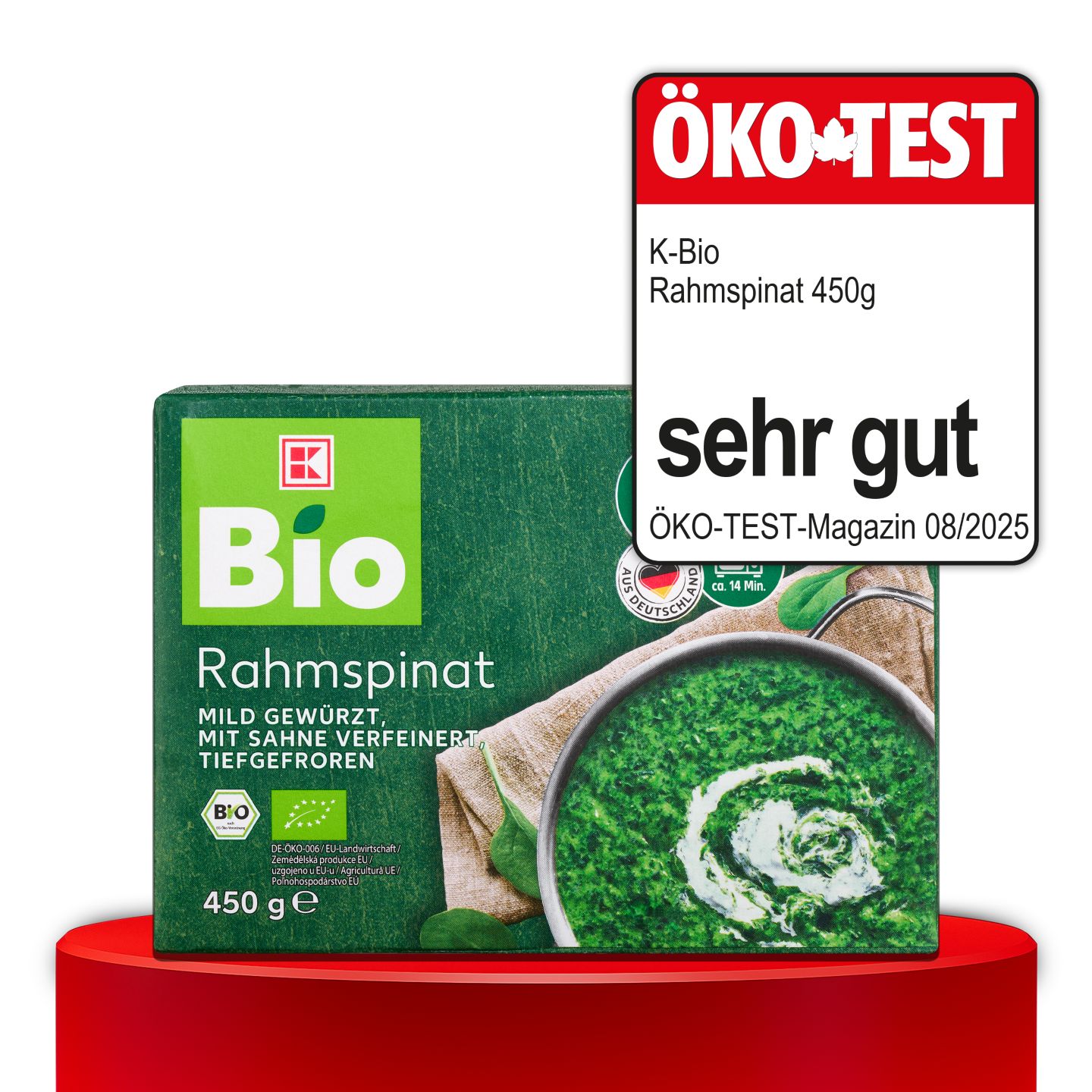ÖKO-TEST, sehr gut, K-BIO Rahmspinat, 450 g