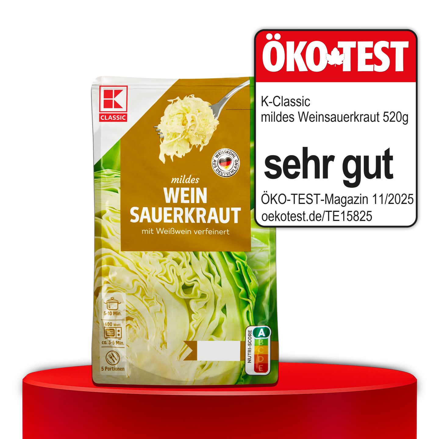 ÖKO-TEST, sehr gut, K-CLASSIC mildes Weinsauerkraut, 520 g