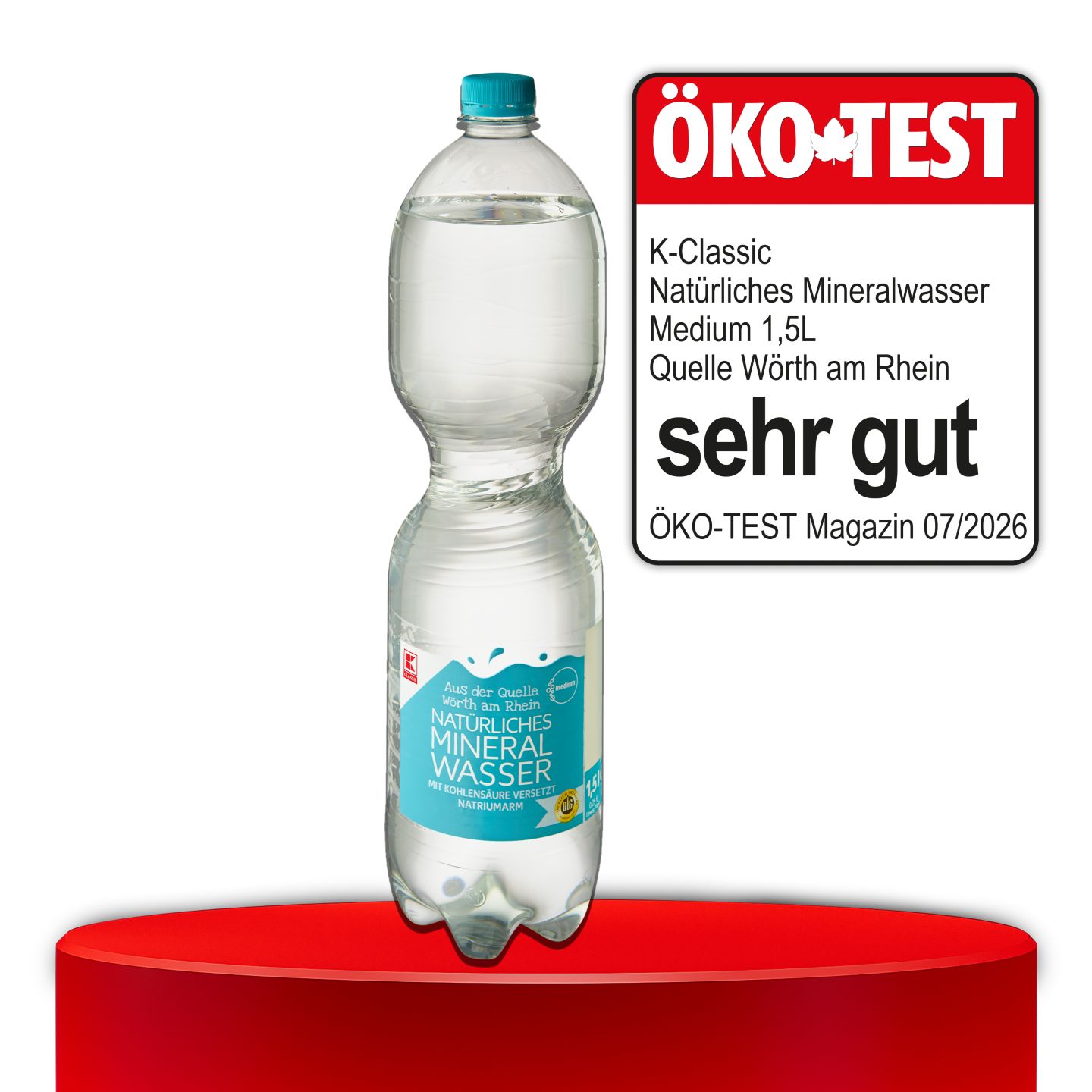 ÖKO-TEST, sehr gut, K-CLASSIC Natürliches Mineralwasser Medium, 1,5 l, Quelle Wörth am Rhein