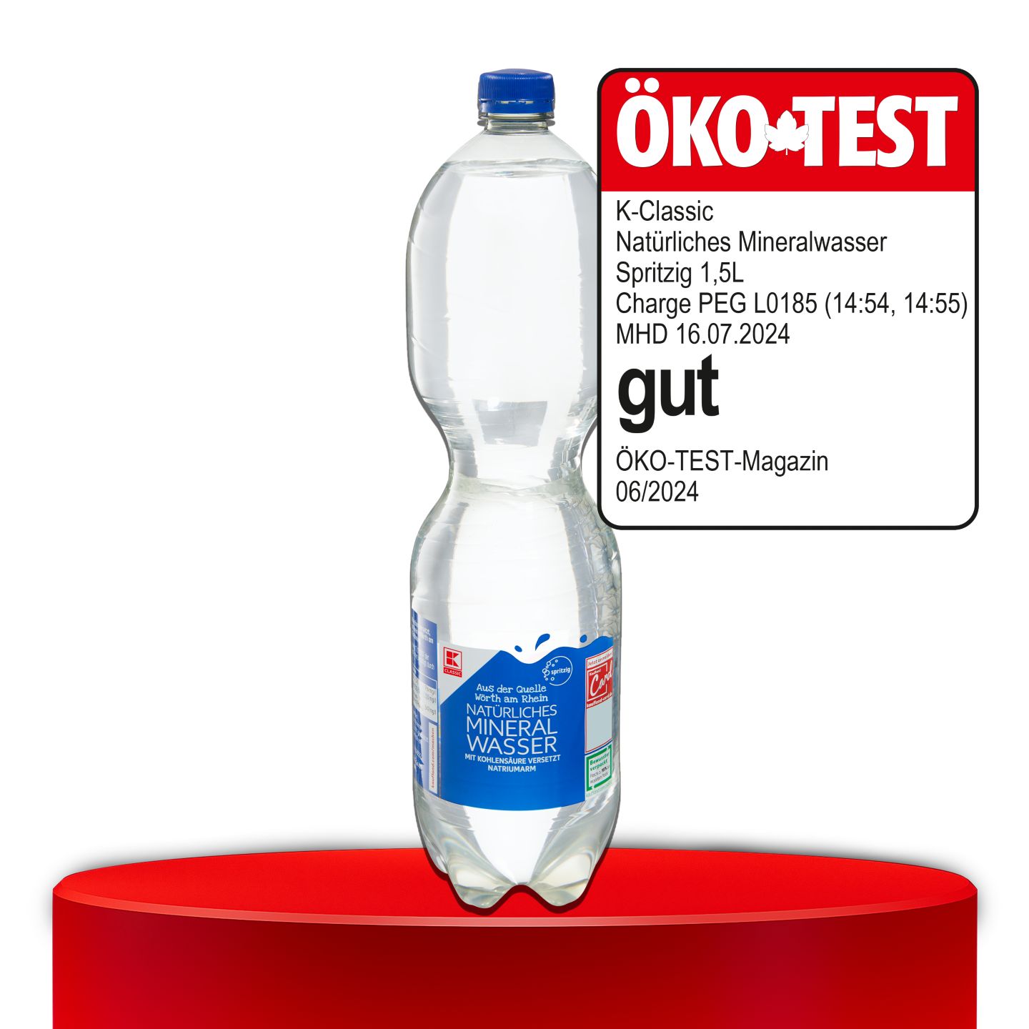 ÖKO-TEST, gut, K-CLASSIC Natürliches Mineralwasser spritzig, 1,5 l, Quelle Wörth am Rhein