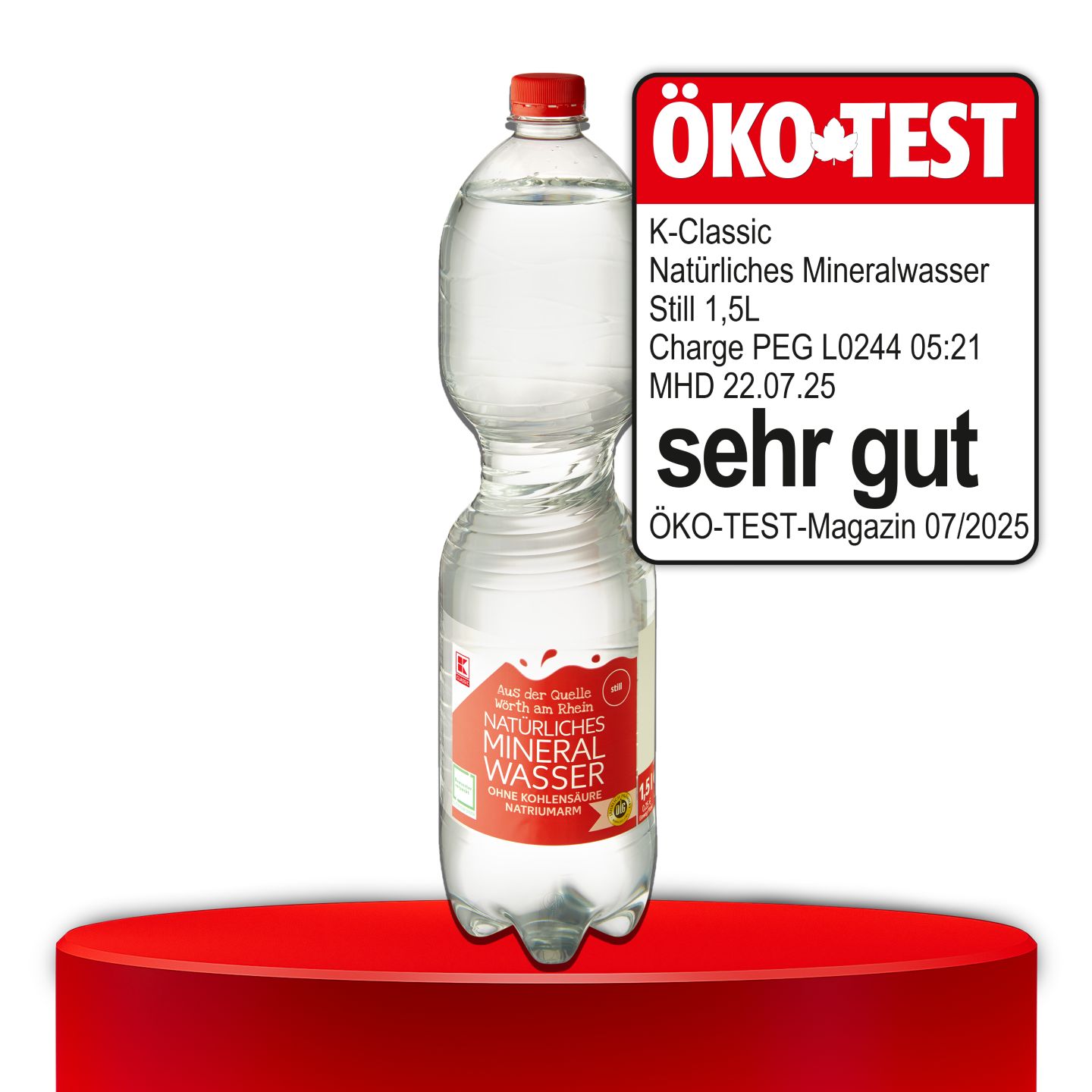 ÖKO-TEST, gut, K-CLASSIC Natürliches Mineralwasser still, 1,5 l, Quelle Wörth am Rhein
