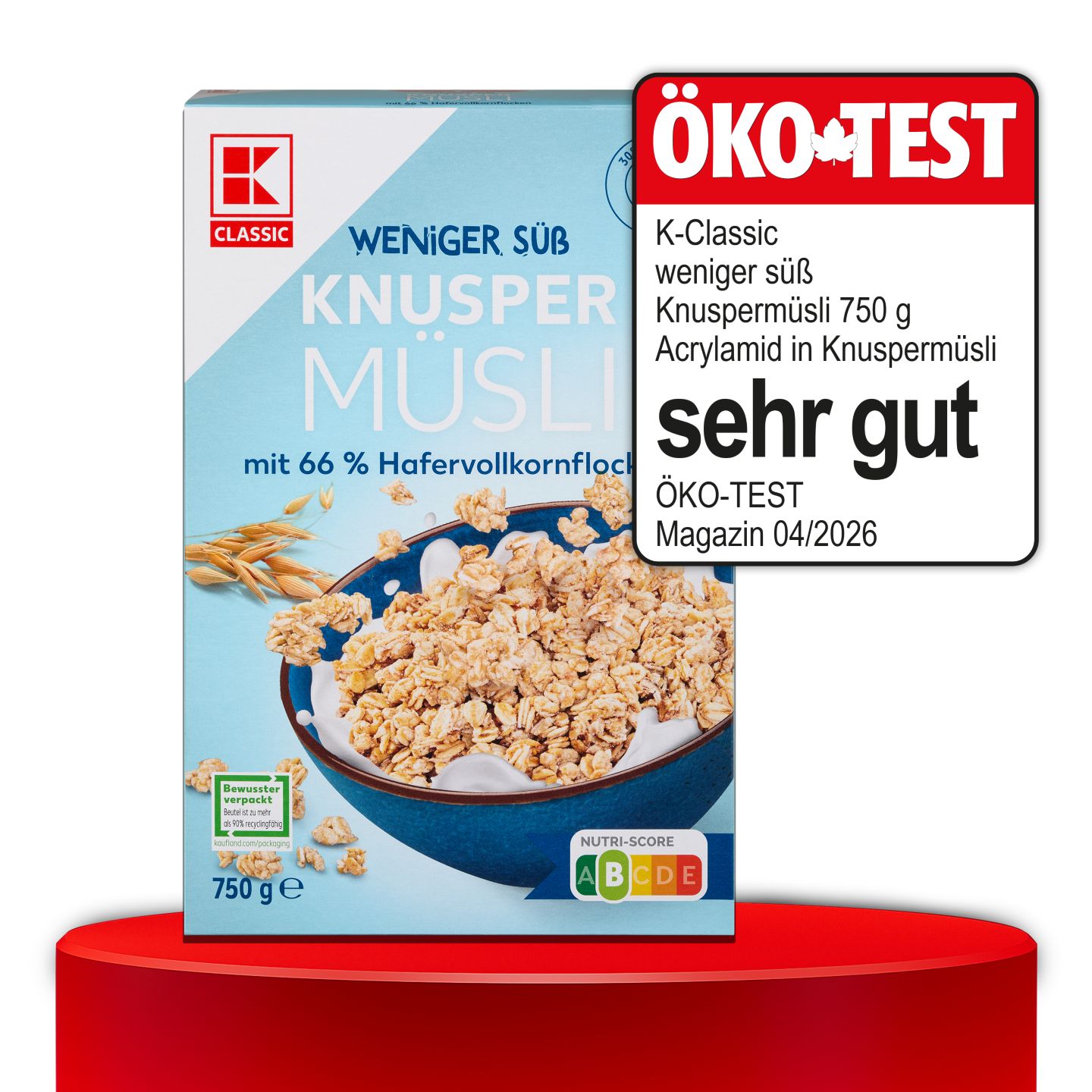ÖKO-TEST, sehr gut, K-CLASSIC weniger süß Knuspermüsli, 750 g