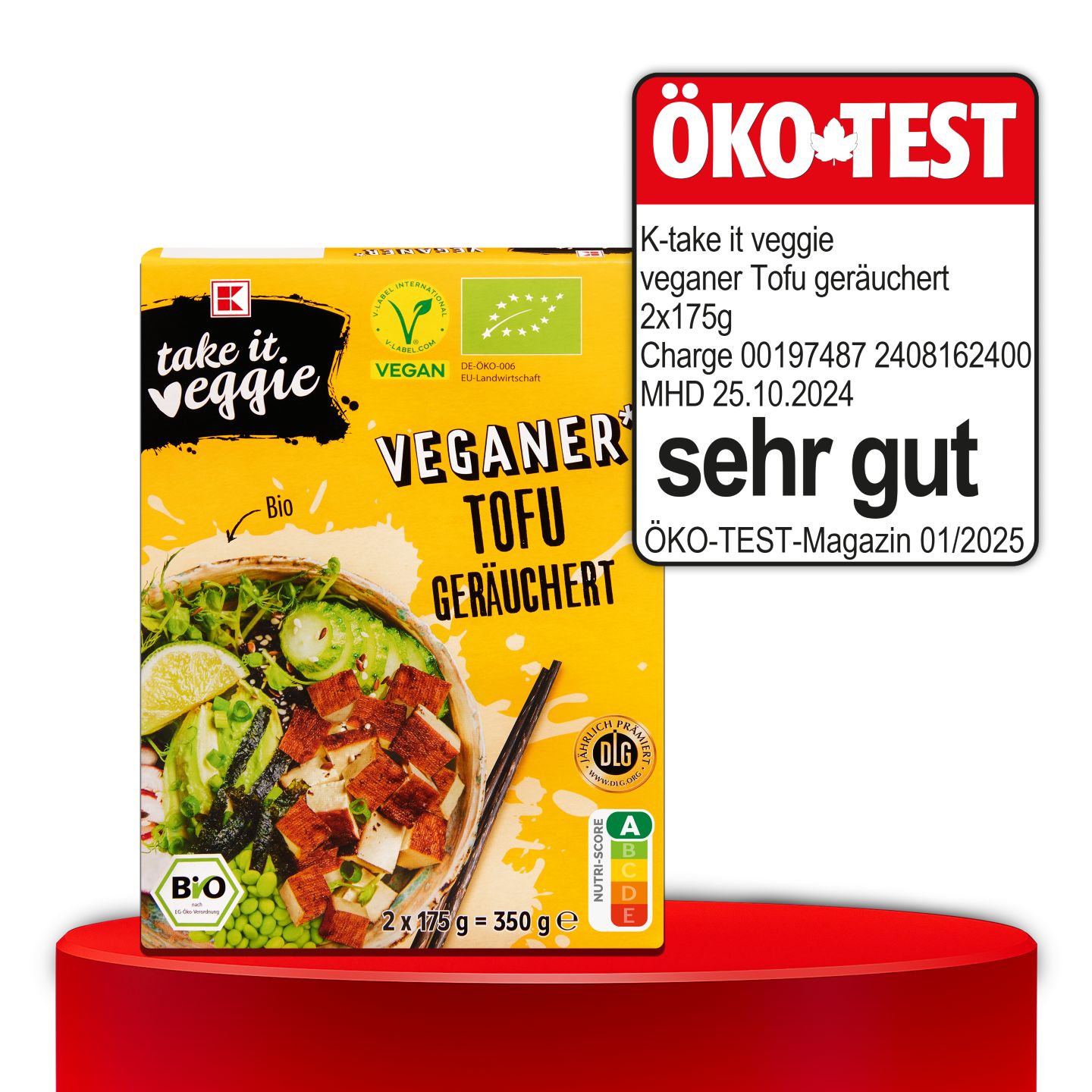 ÖKO-TEST, sehr gut, K-TAKE IT VEGGIE veganer Tofu geräuchert, 2 x 175 g