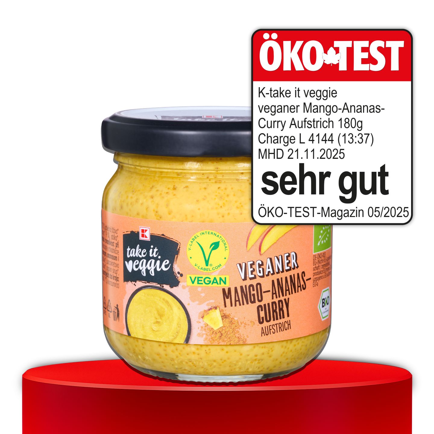 ÖKO-TEST, sehr gut, K-TAKE IT VEGGIE veganer Mango-Ananas-Curry Aufstrich, 180 g