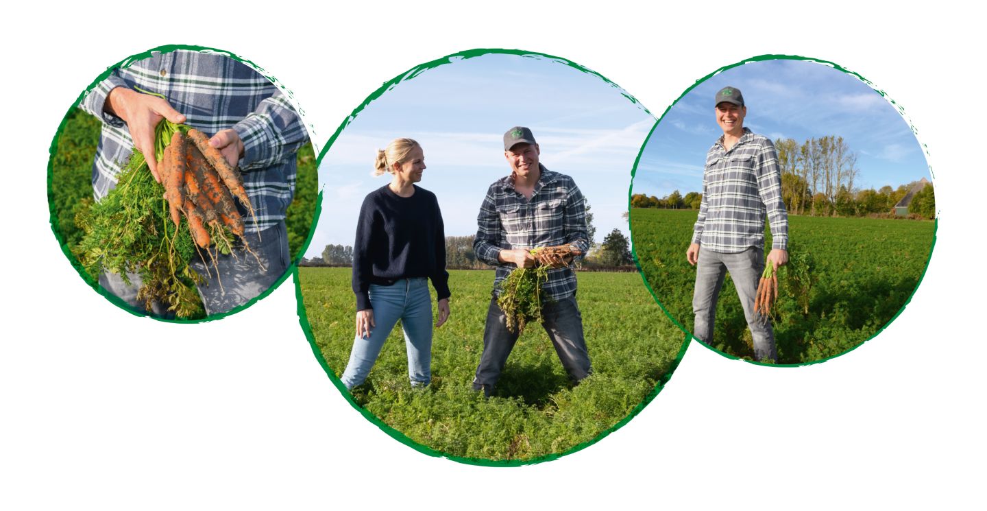 Drei Kreise mit Abbildung: Landwirte mit Karotten