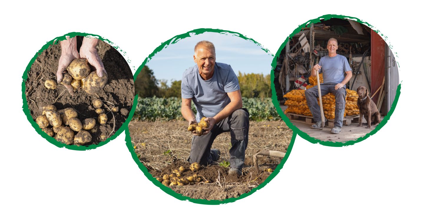 Drei Kreise mit Abbildung: Landwirt mit Kartoffeln