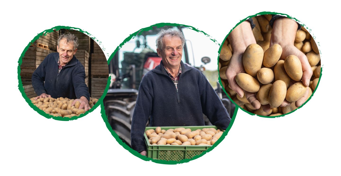Drei Kreise mit Abbildung: Landwirt mit Kartoffeln