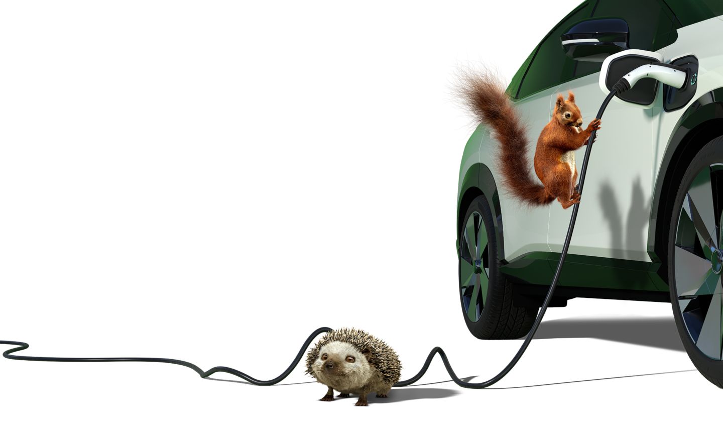 Igel und Eichhörnchen neben E-Auto