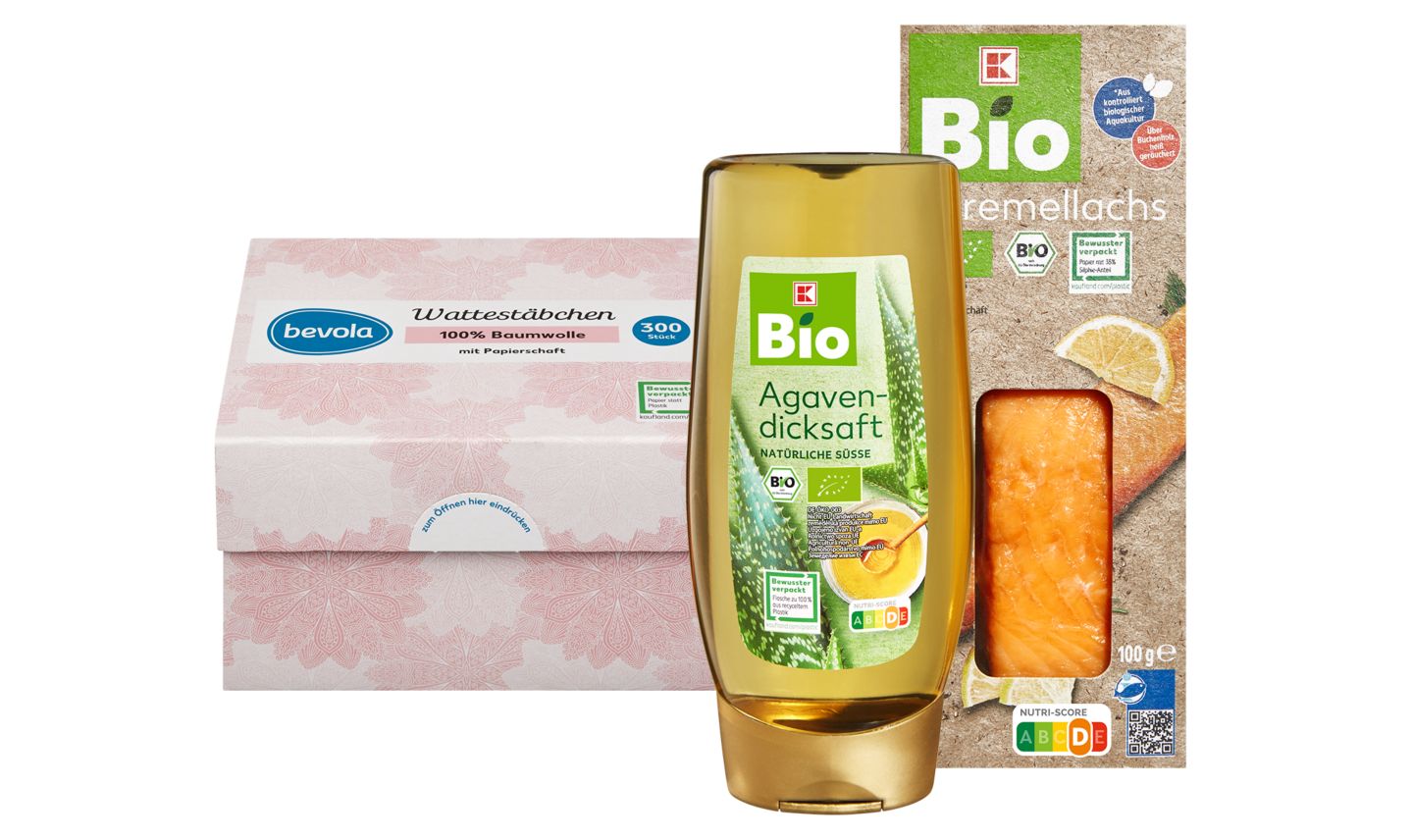 Produktabbildungen: Bevola Baby Sicherheitswattestäbchen; K-Bio Agavendicksaft; K-Bio Stremellachs