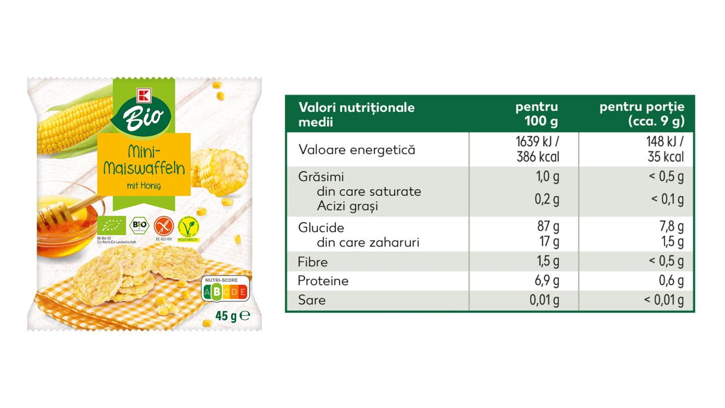Mini-napolitanele K-Bio din porumb cu miere si tabelul cu valori nutritive aferent 