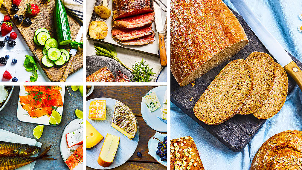 Mięso, wędliny, sery, warzywa i owoce, pieczywo