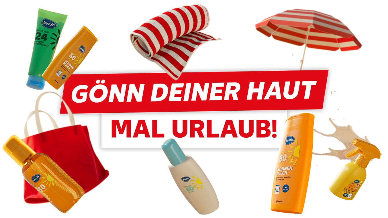 Mann am Strand wird eingecremt; Schriftzug: Hohe Temperaturen. Niedrige Preise