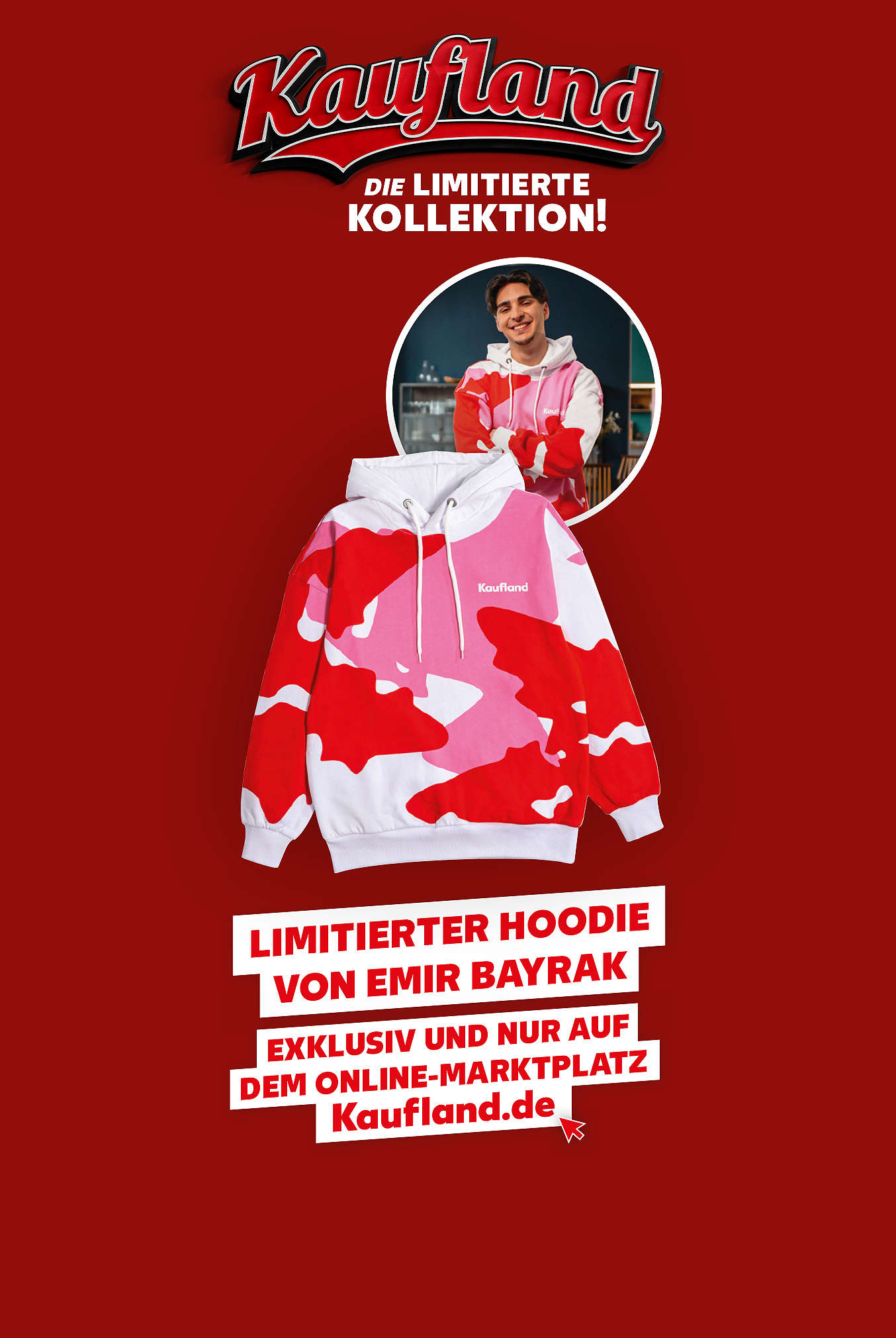 Schriftzug: Kaufland die limitierte Kollektion!; Abbildung: Emir Bayrak; Schriftzug: Limitierter Hoodie von Emir Bayrak; exklusiv und nur auf dem Online-Marktplatz Kaufland.de