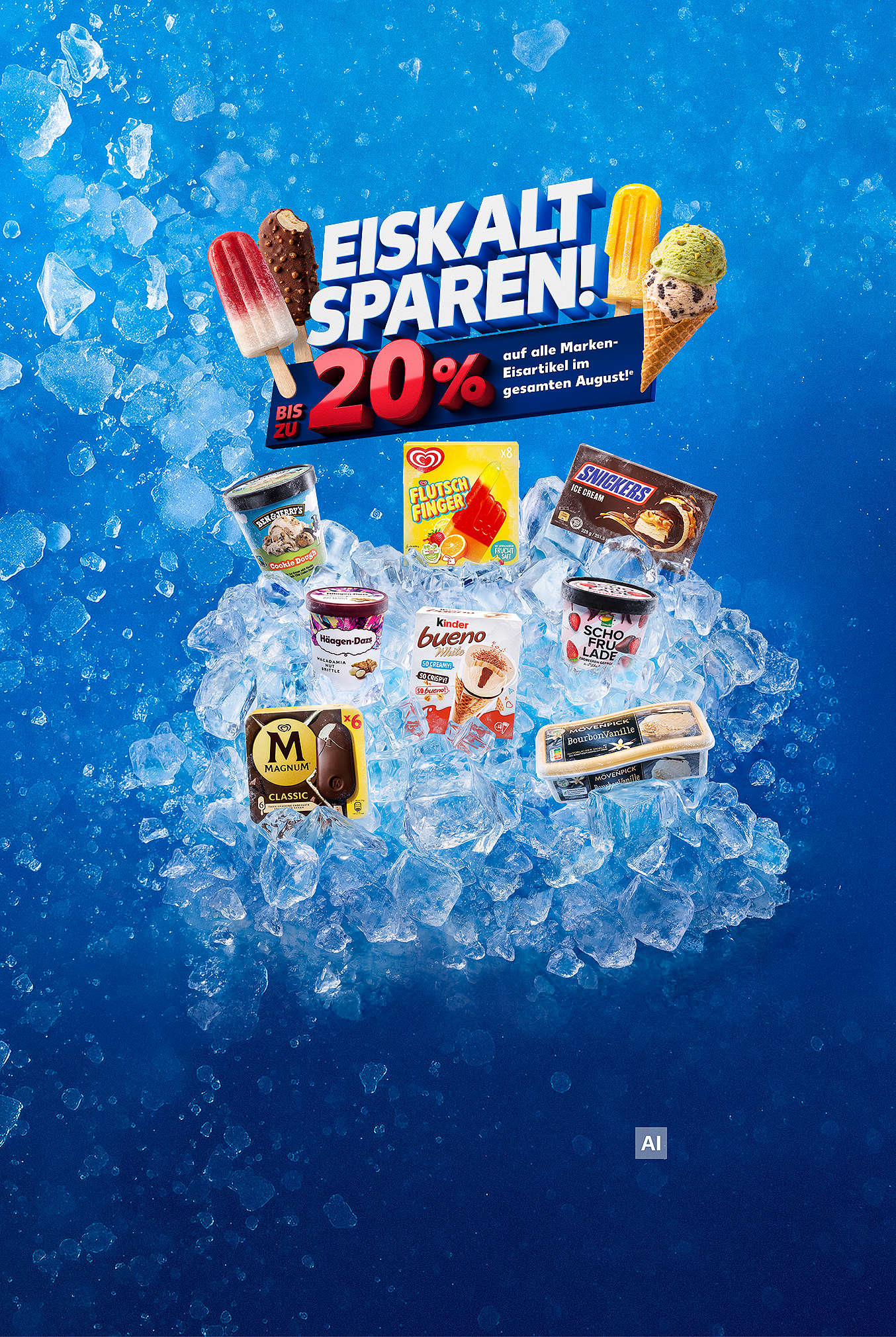 Schriftzug: Eiskalt sparen – Rabatt auf Marken-Eis