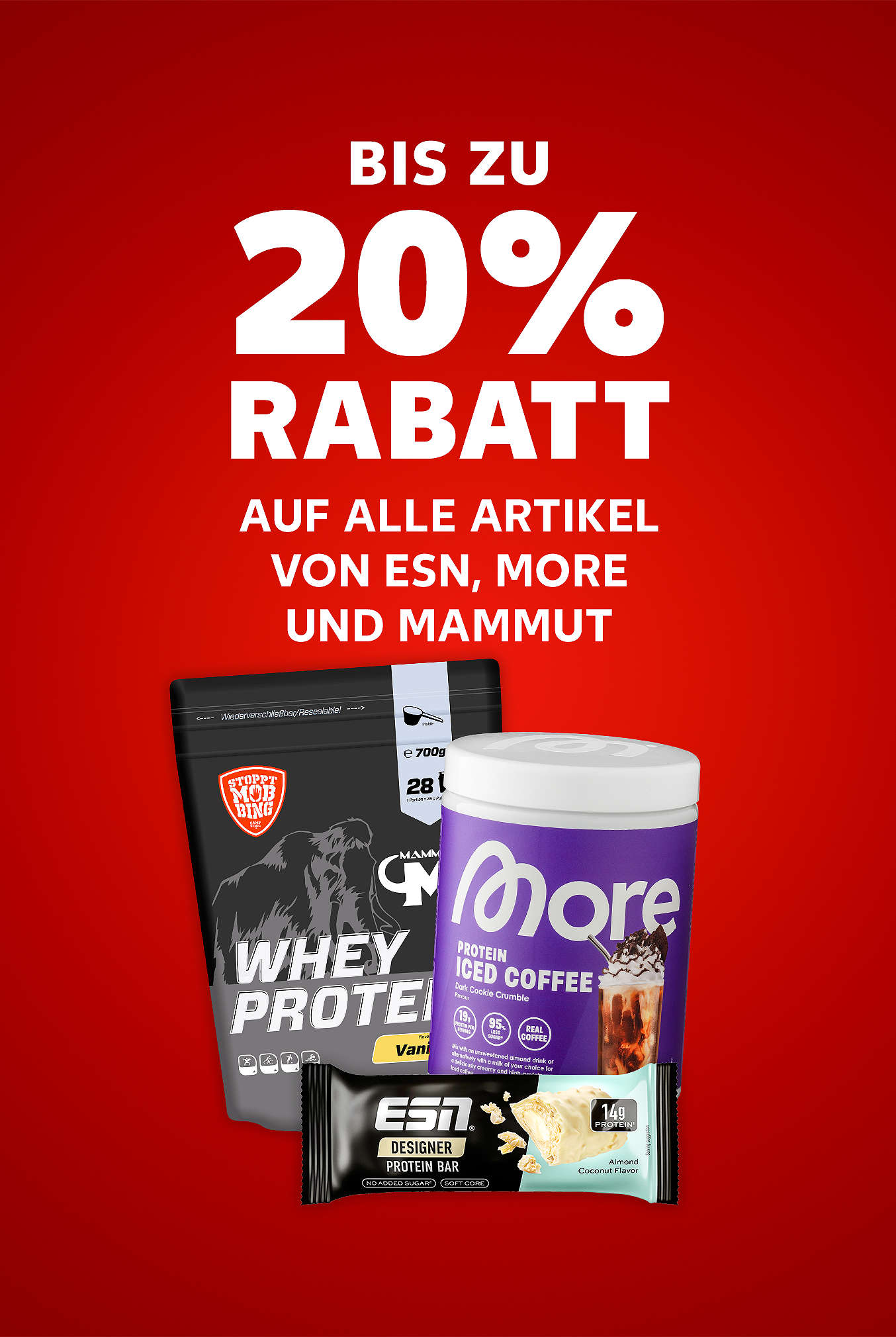 Schriftzug:Bis zu 20 % Rabatt auf alle Artikel von ESN, MORE und MAMMUT
