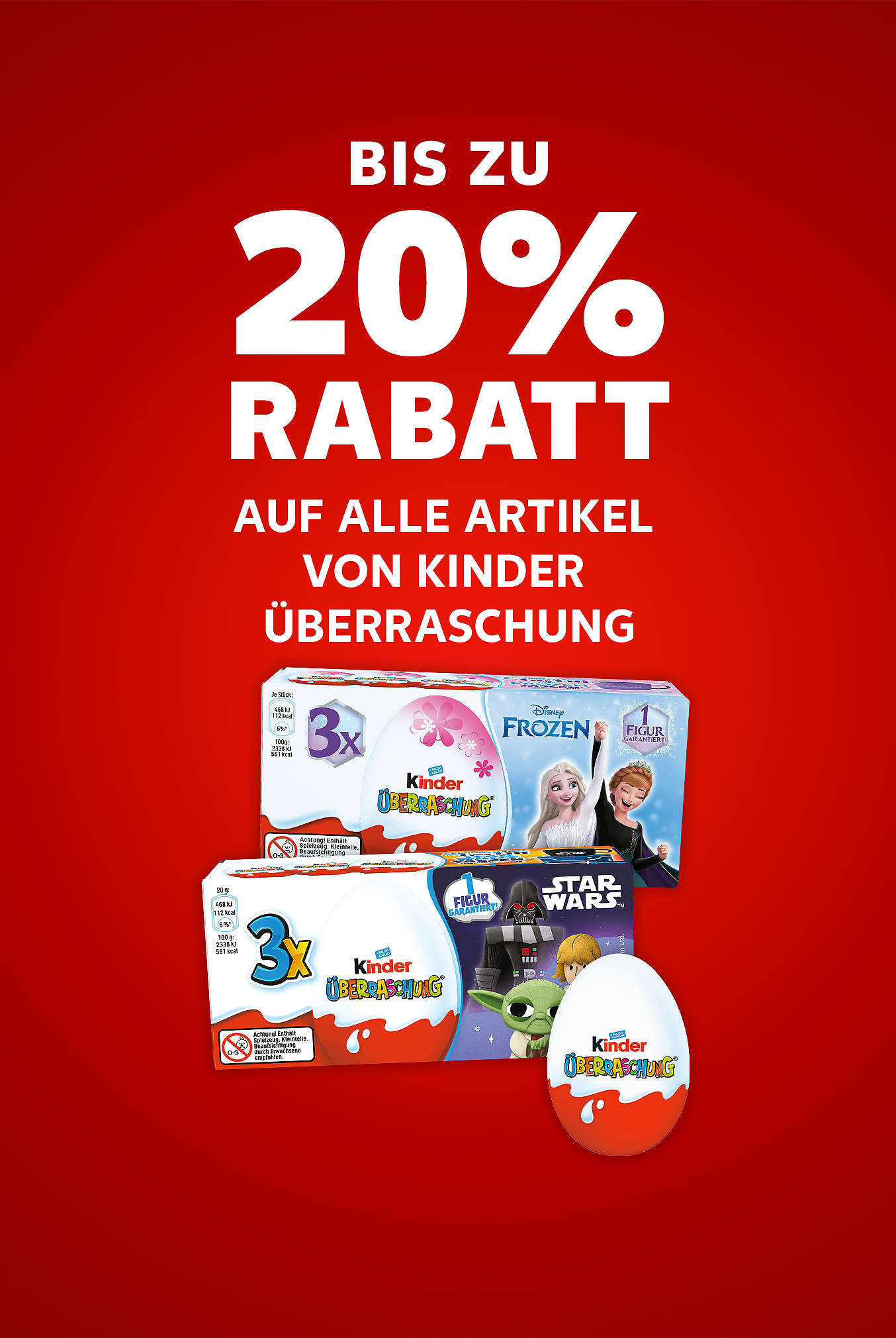 Schriftzug: Bis zu 20 % Rabatt auf alle Artikel von KINDER Überraschung