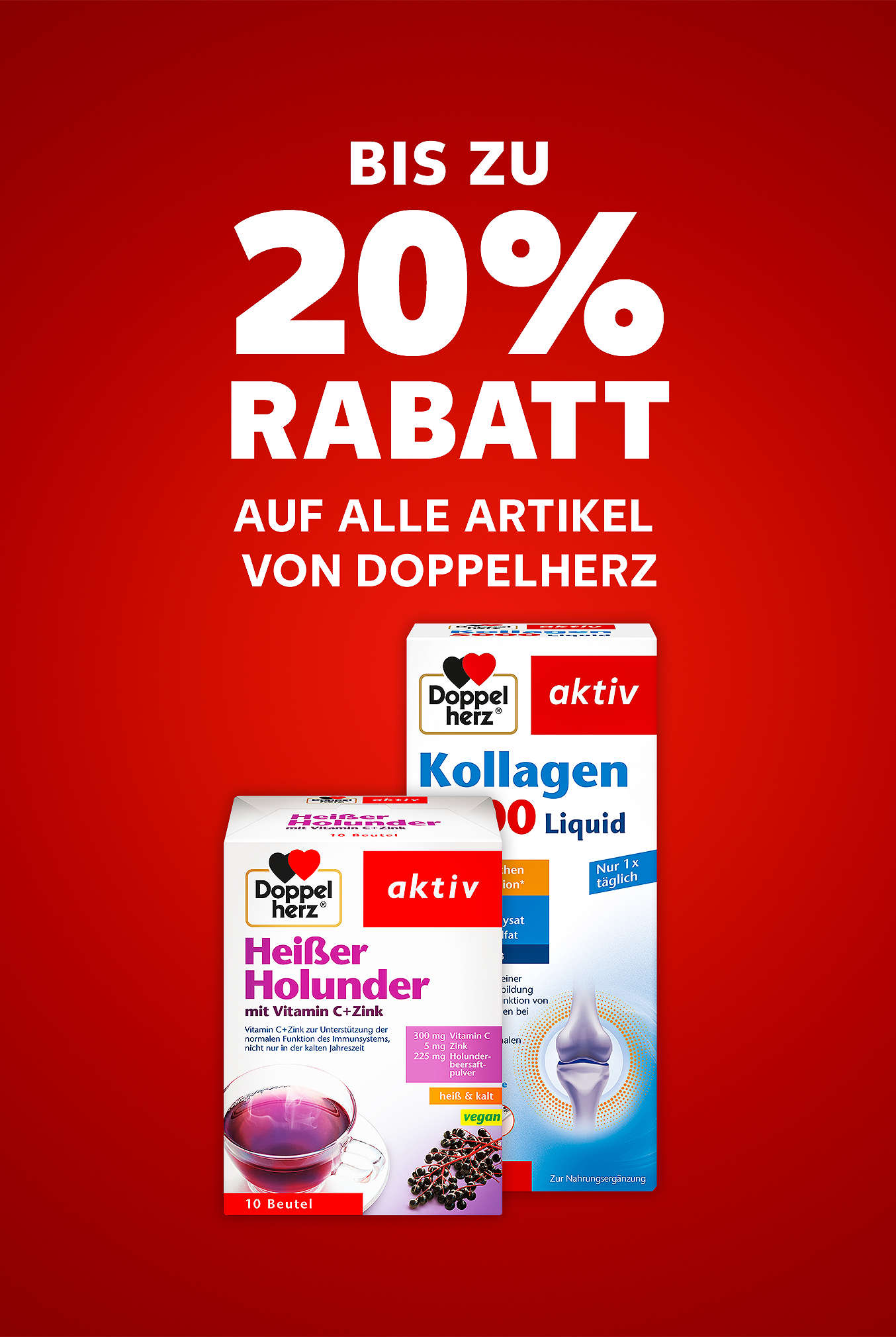 Schriftzug: Bis zu 20 % Rabatt auf alle Artikel von DOPPELHERZ