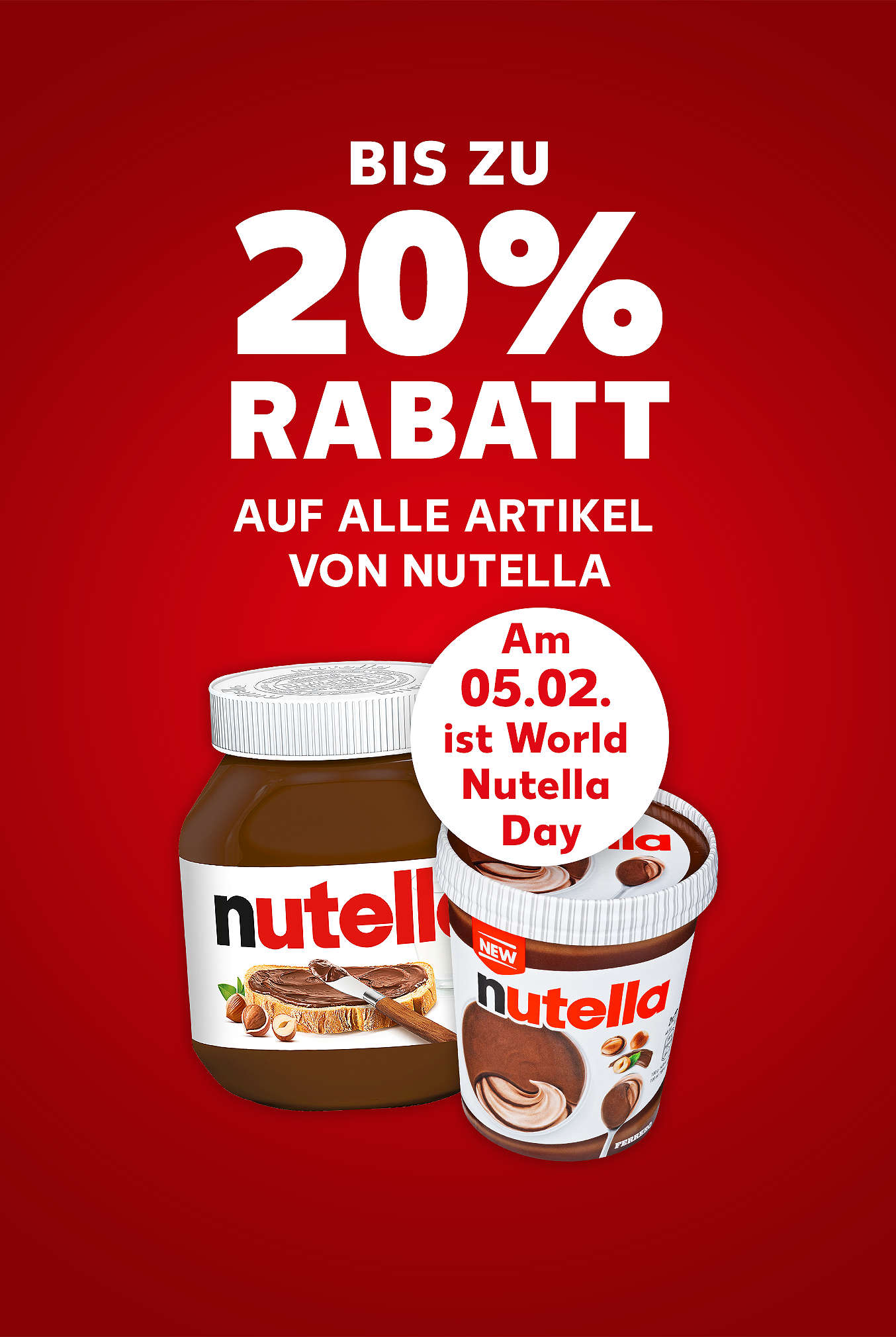 Schriftzug: Bis zu 20 % Rabatt auf alle Artikel von NUTELLA