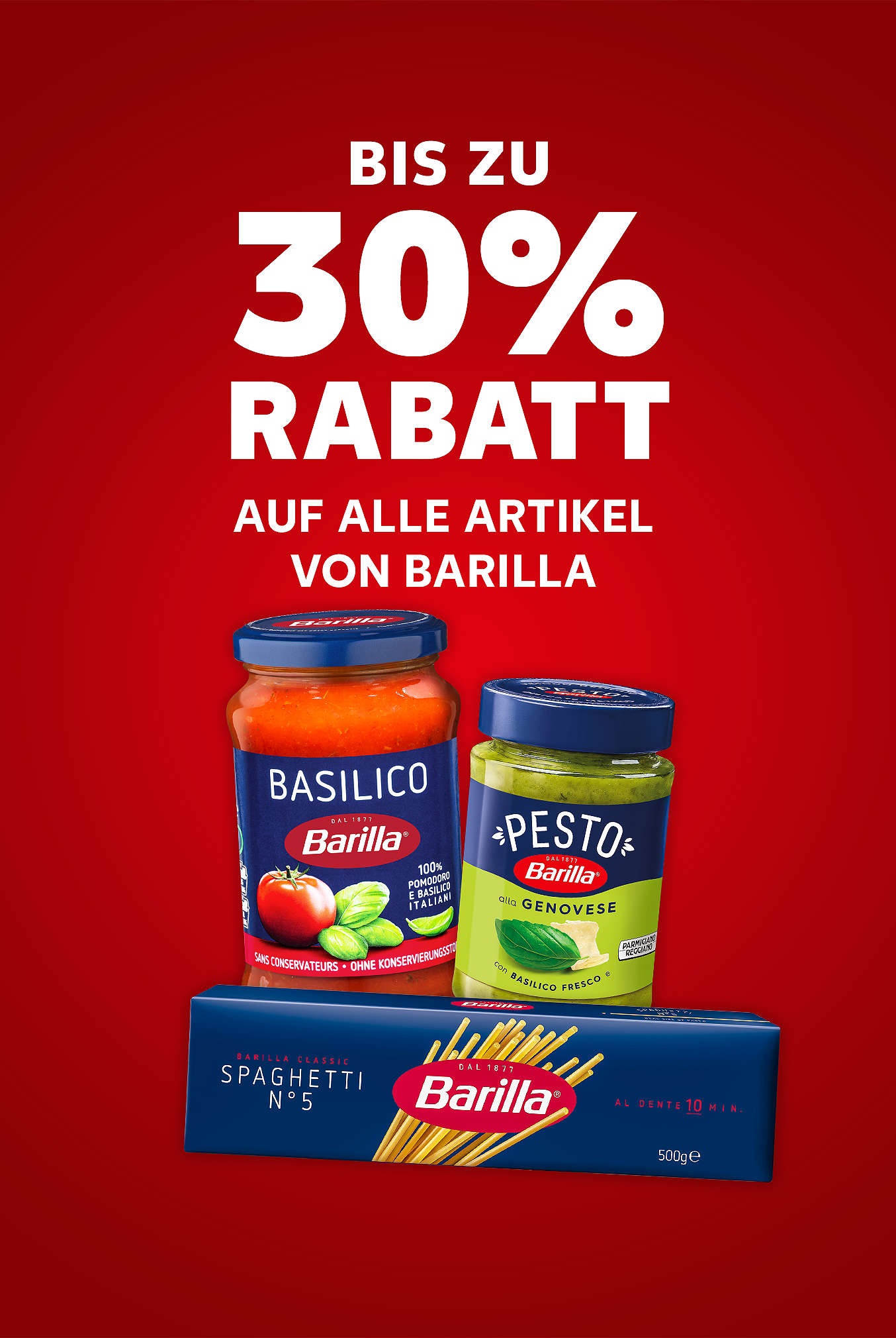 Schriftzug: Bis zu 30 % Rabatt auf alle Artikel von BARILLA