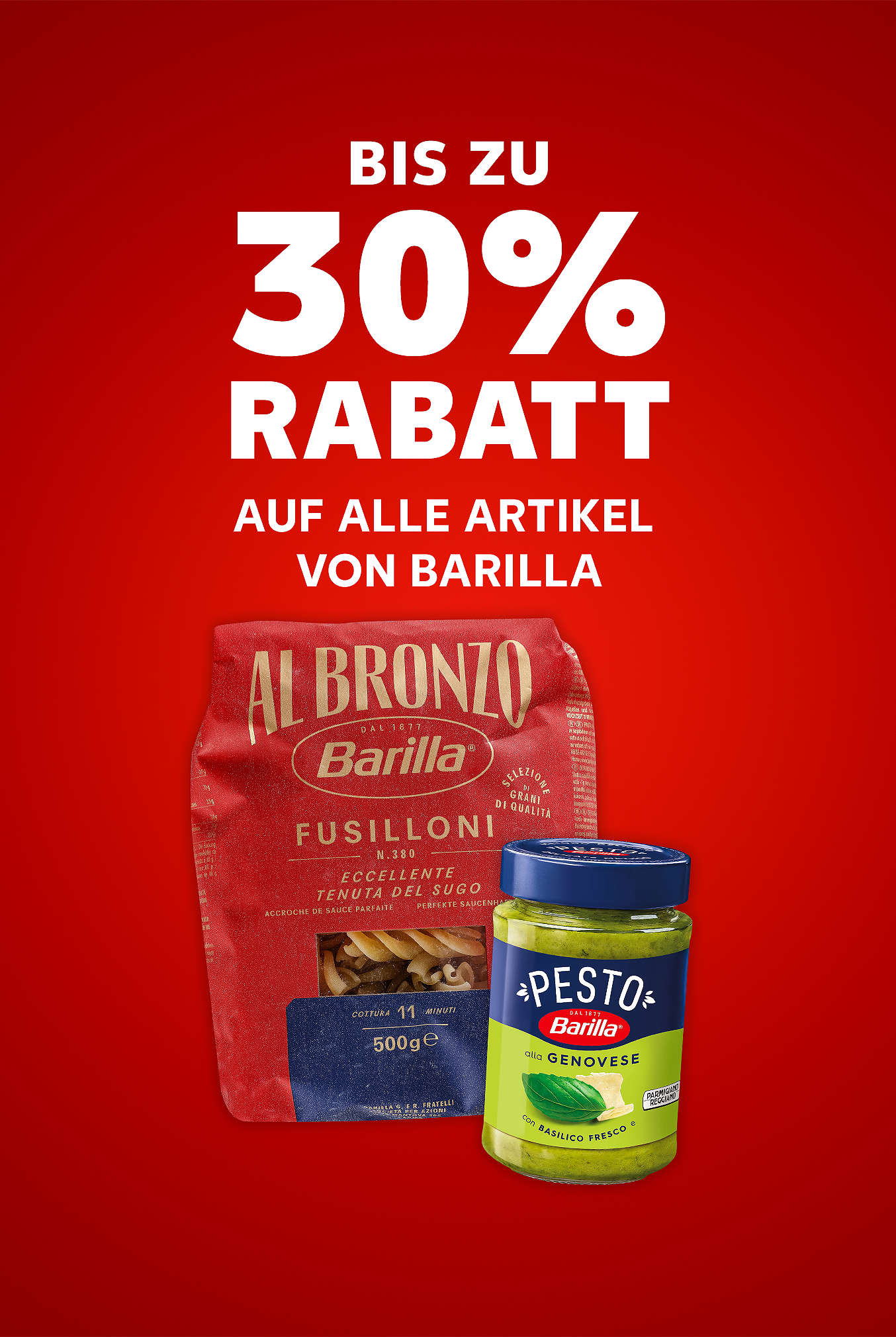 Schriftzug: Bis zu 30 % Rabatt auf alle Artikel von BARILLA