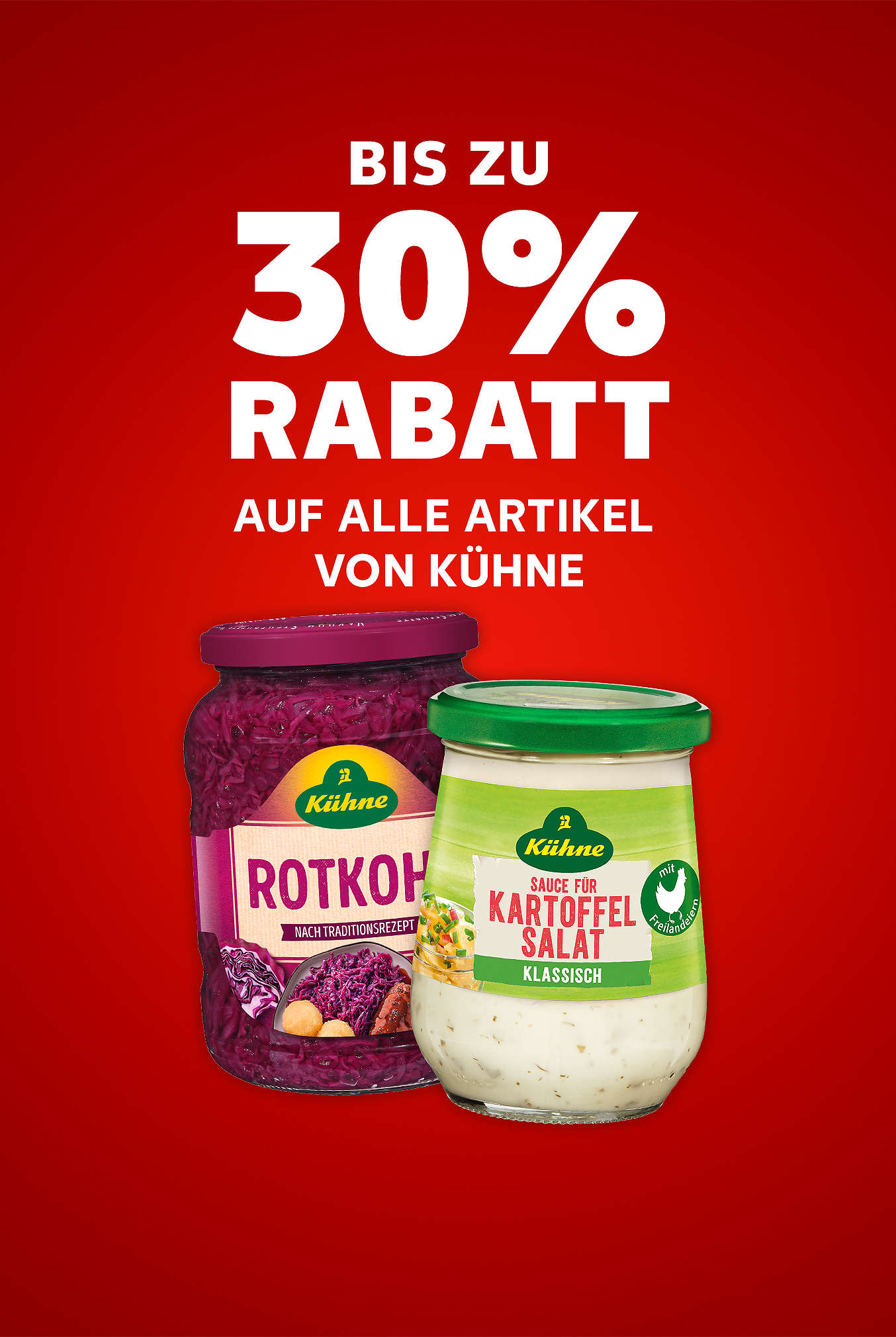 Schriftzug: Bis zu 30 % Rabatt auf alle ARtikel von KÜHNE