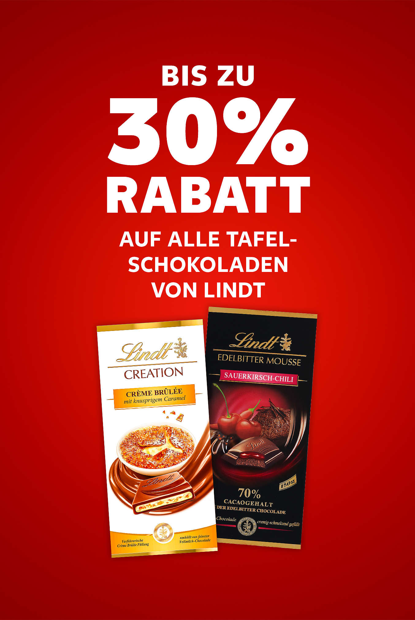Schriftzug: Bis zu 30 % Rabatt auf alle Tafelschokoladen von LINDT
