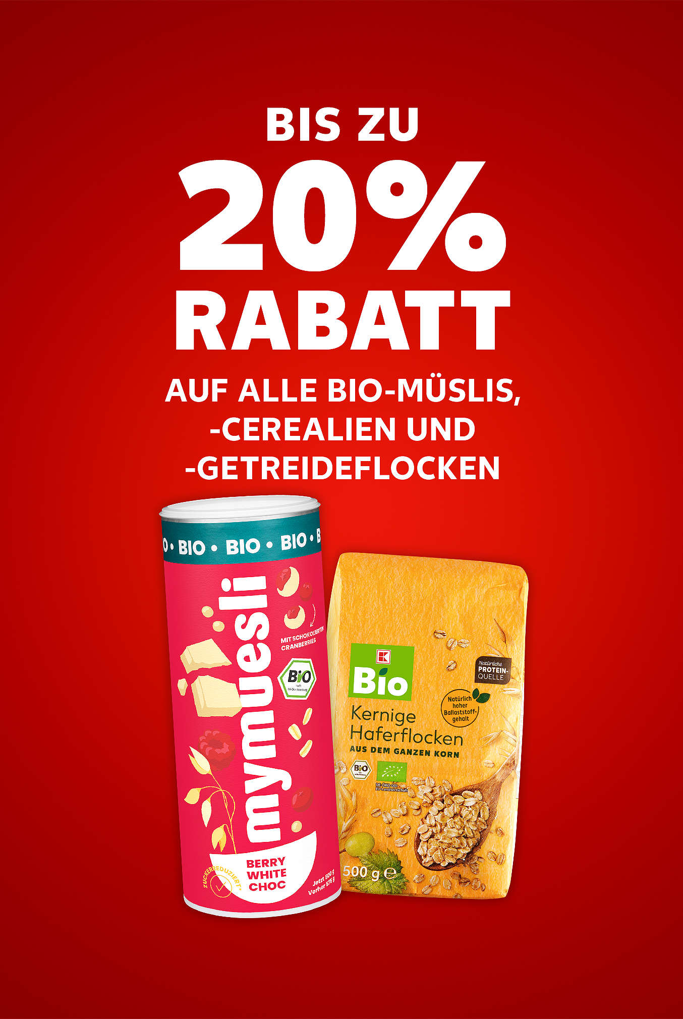 Schriftzug: Bis zu 20 % Rabatt auf alle Bio-Müslis, -Cerealien und -Getreideflocken