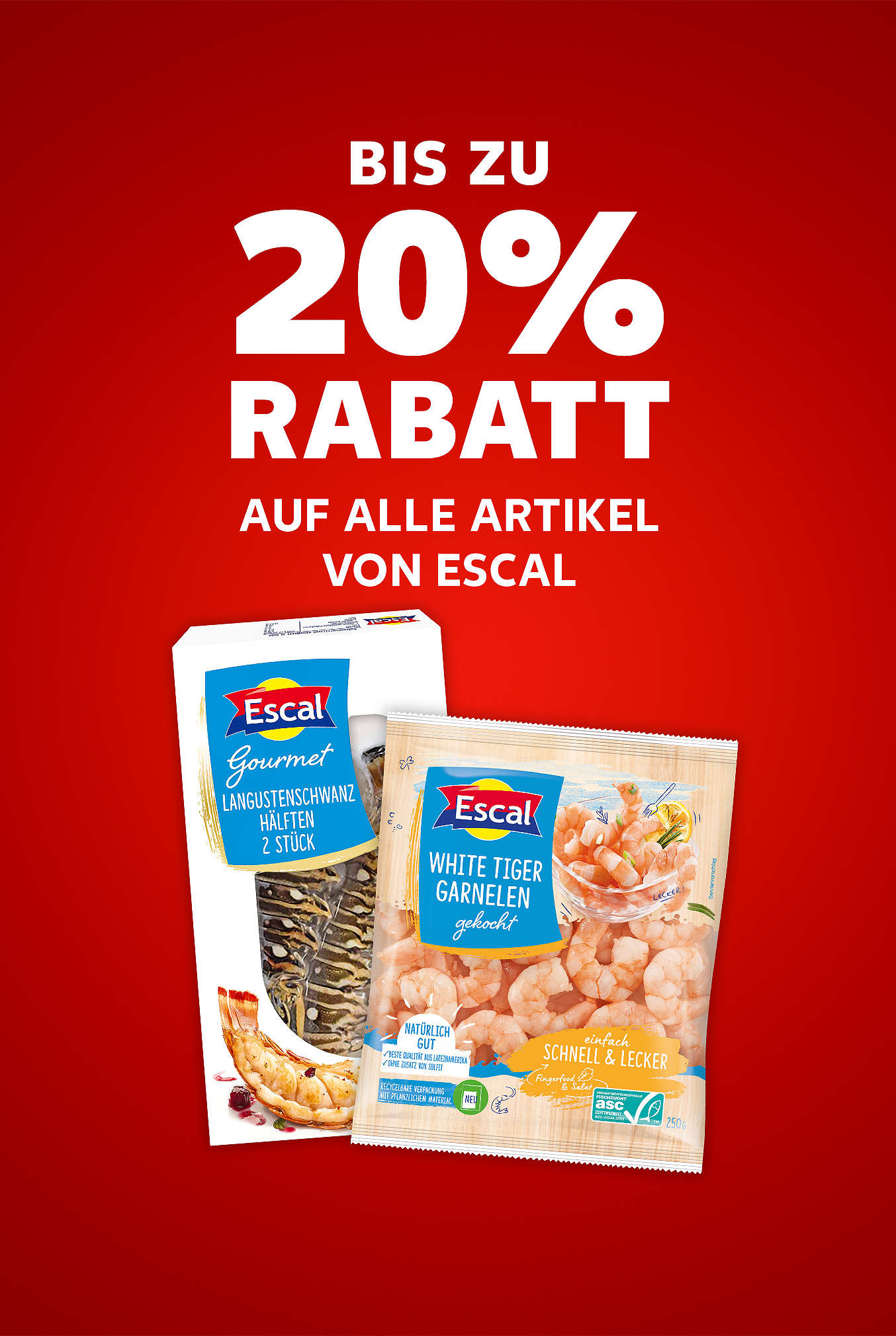 Schriftzug: Bis zu 20 % Rabatt auf alle Artikel von ESCAL