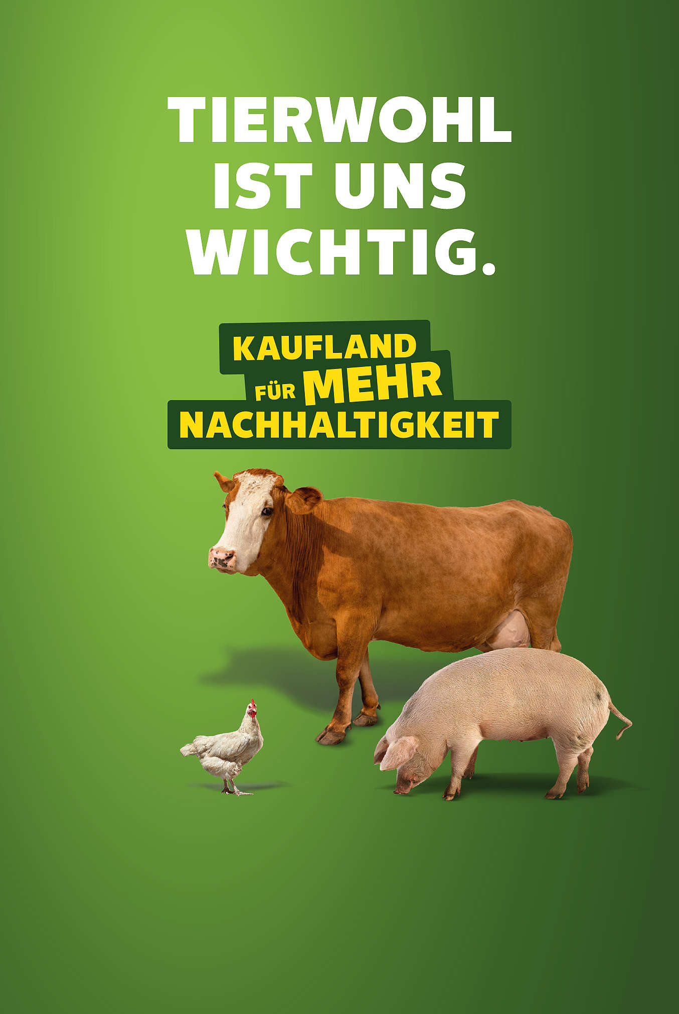 Schriftzug: Tierwohl ist uns wichtig; Kaufland für mehr Nachhaltigkeit