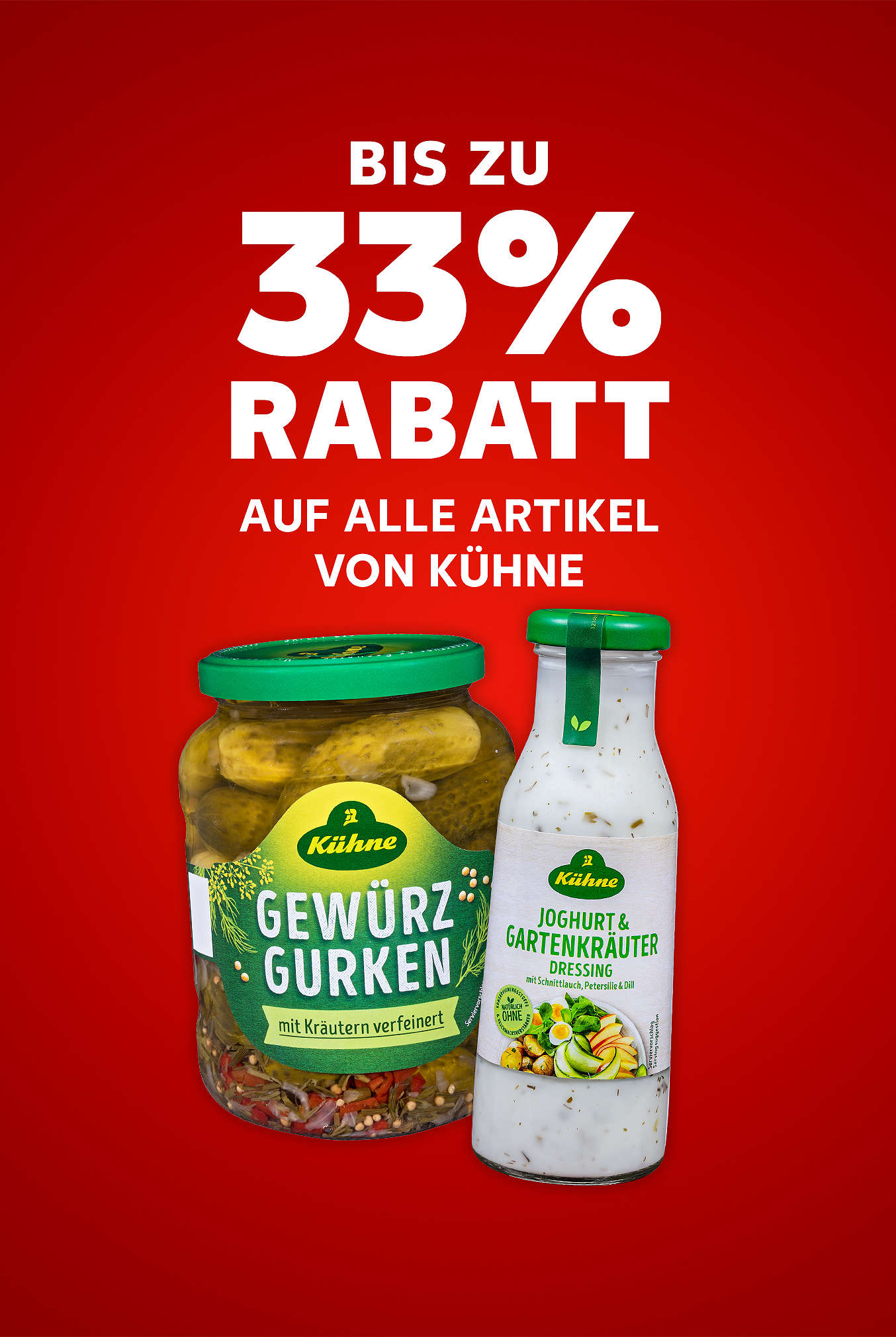 Schriftzug: Bis zu 33 % Rabatt auf alle Artikel von KÜHNE