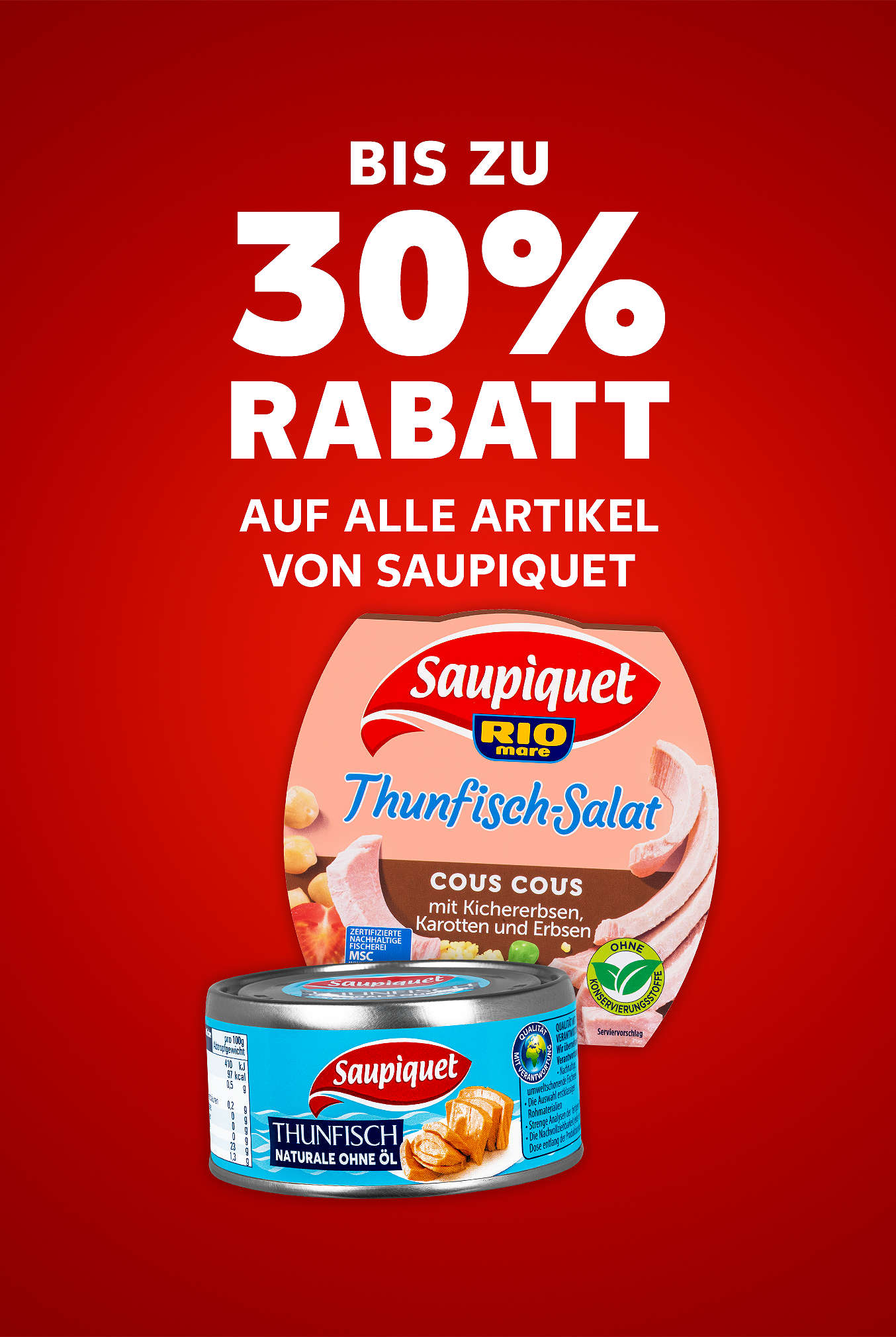 Schriftzug: Bis zu 30 % Rabatt auf alle Artikel von SAUPIQUET