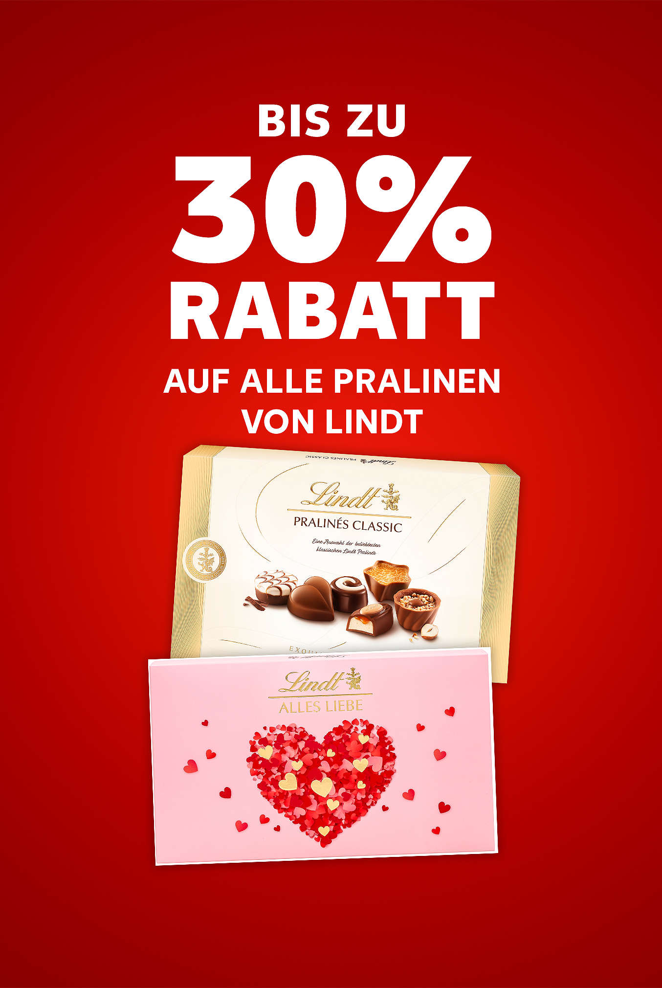 Schriftzug: Bis zu 30 % Rabatt auf alle Pralinen von LINDT