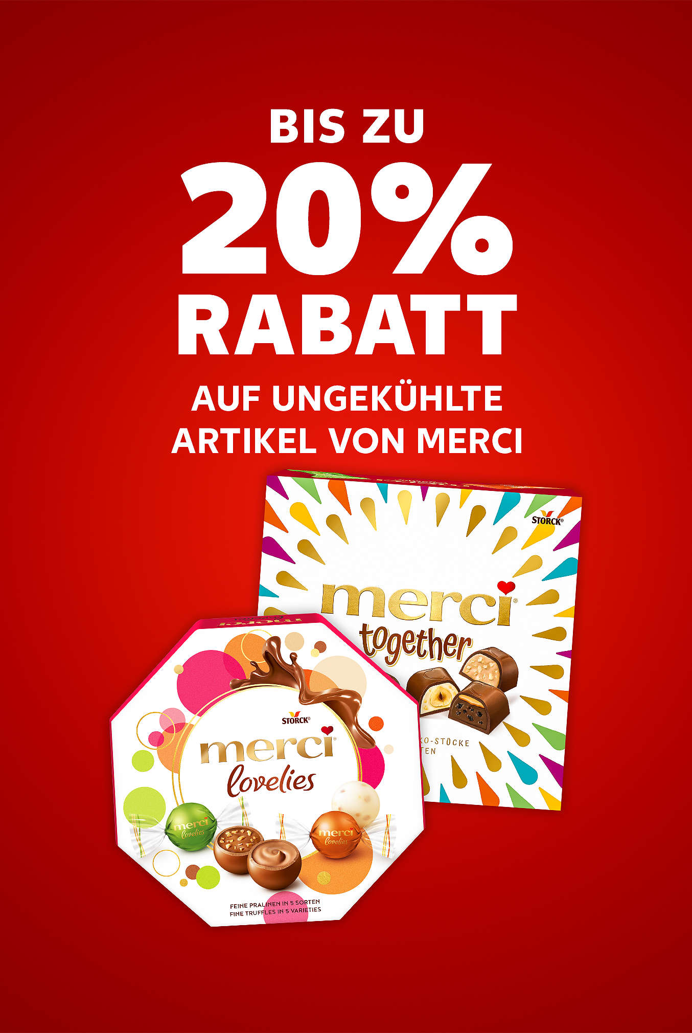 Schriftzug: Bis zu 20 % Rabatt auf ungekühlte Artikel von MERCI