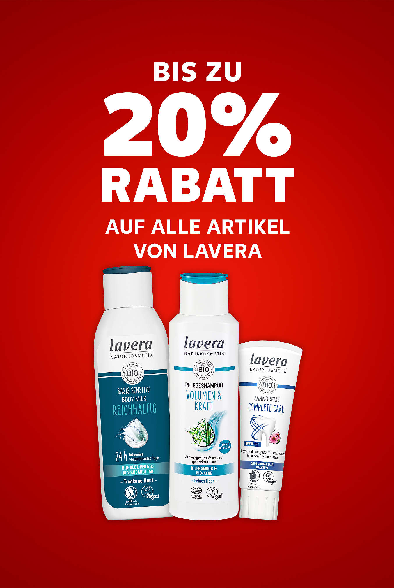 Schriftzug: Bis zu 20 % Rabatt auf alle Artikel von LAVERA
