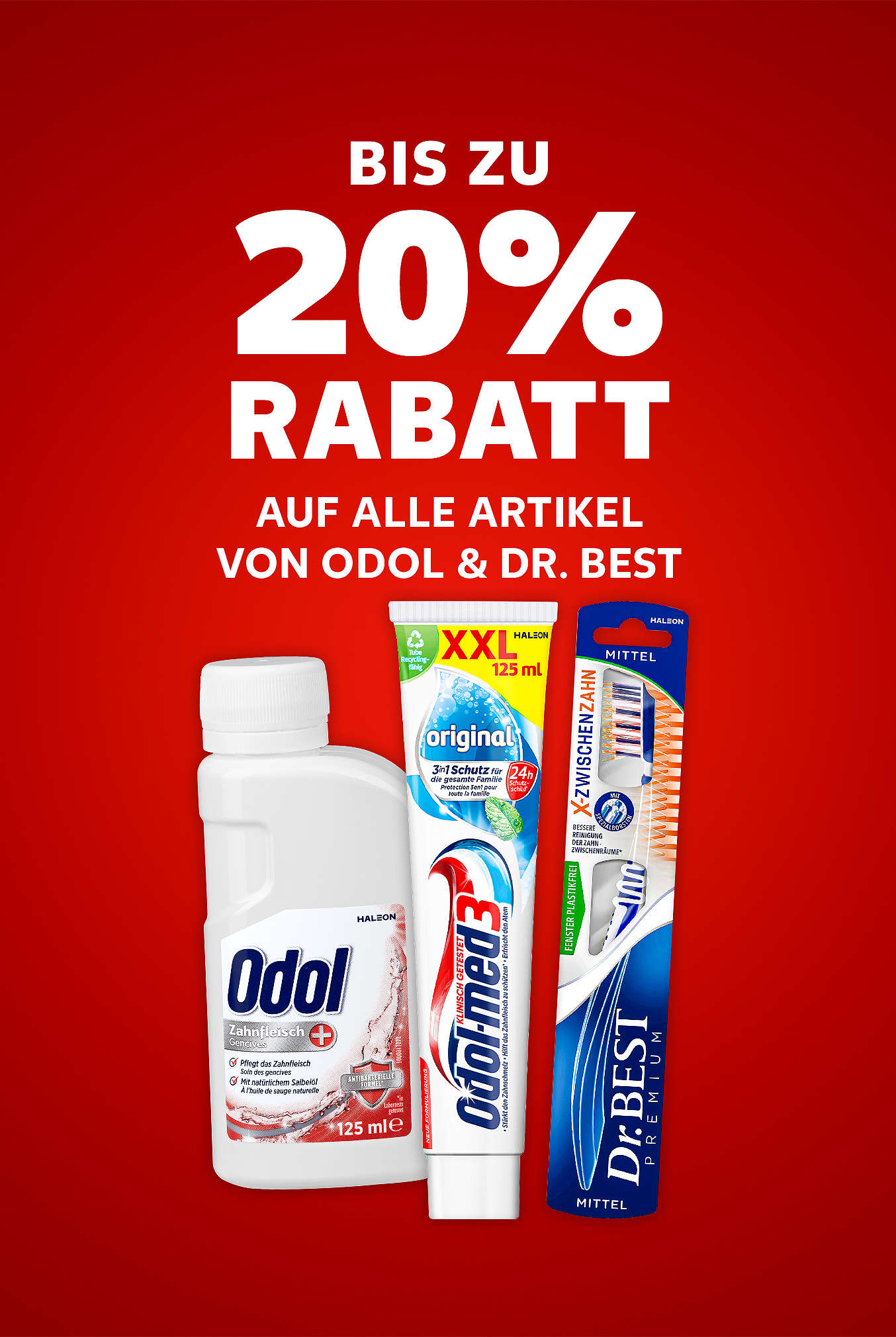 Schriftzug: Bis zu 20 % Rabatt auf alle Artikel von ODOL & DR. BEST
