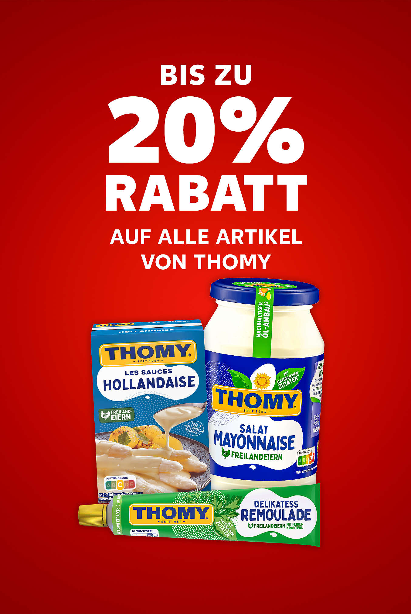 Schriftzug: Bis zu 20 % Rabatt auf alle Artikel von THOMY