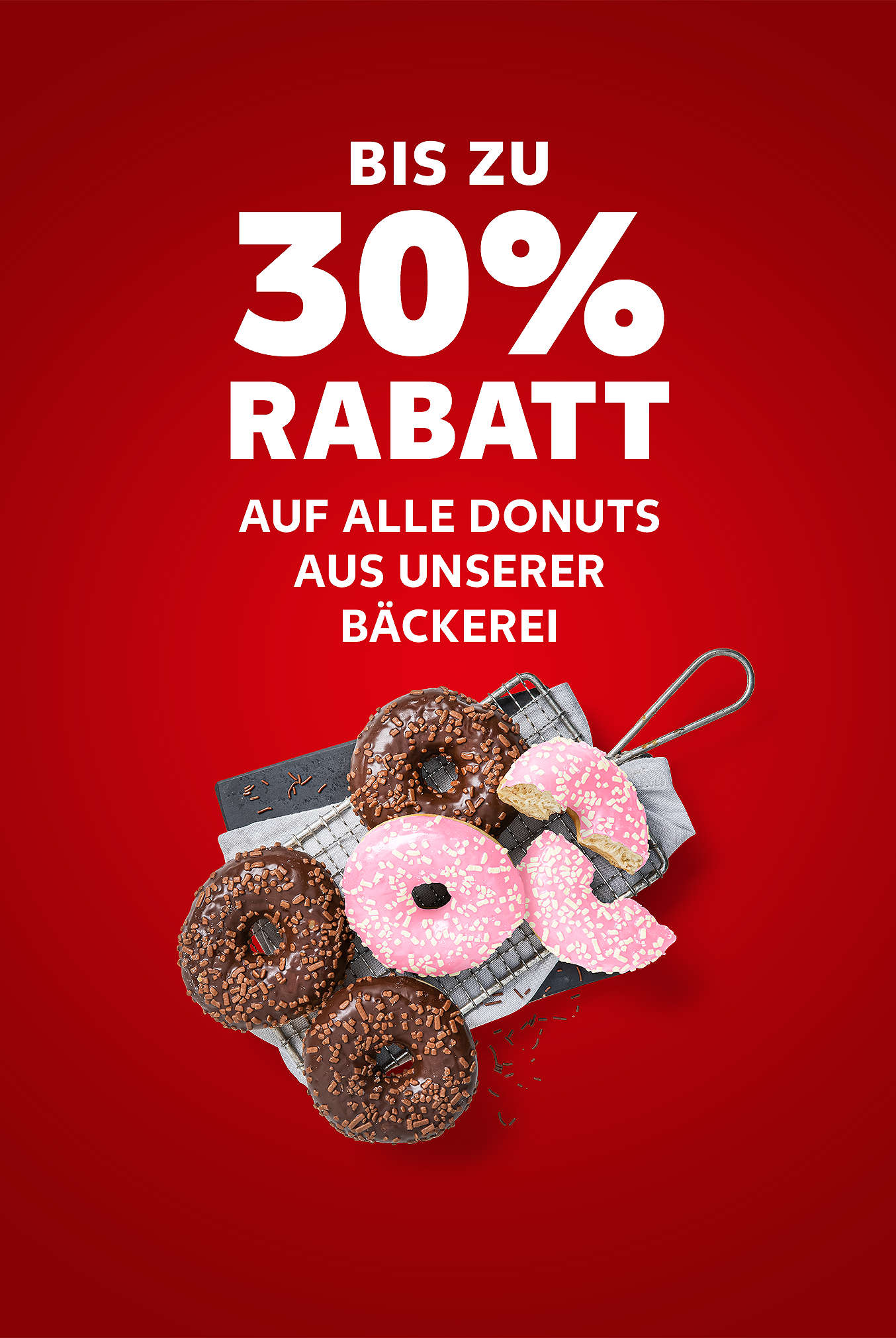 Schriftzug: Bis zu 30 % Rabatt auf alle Donuts