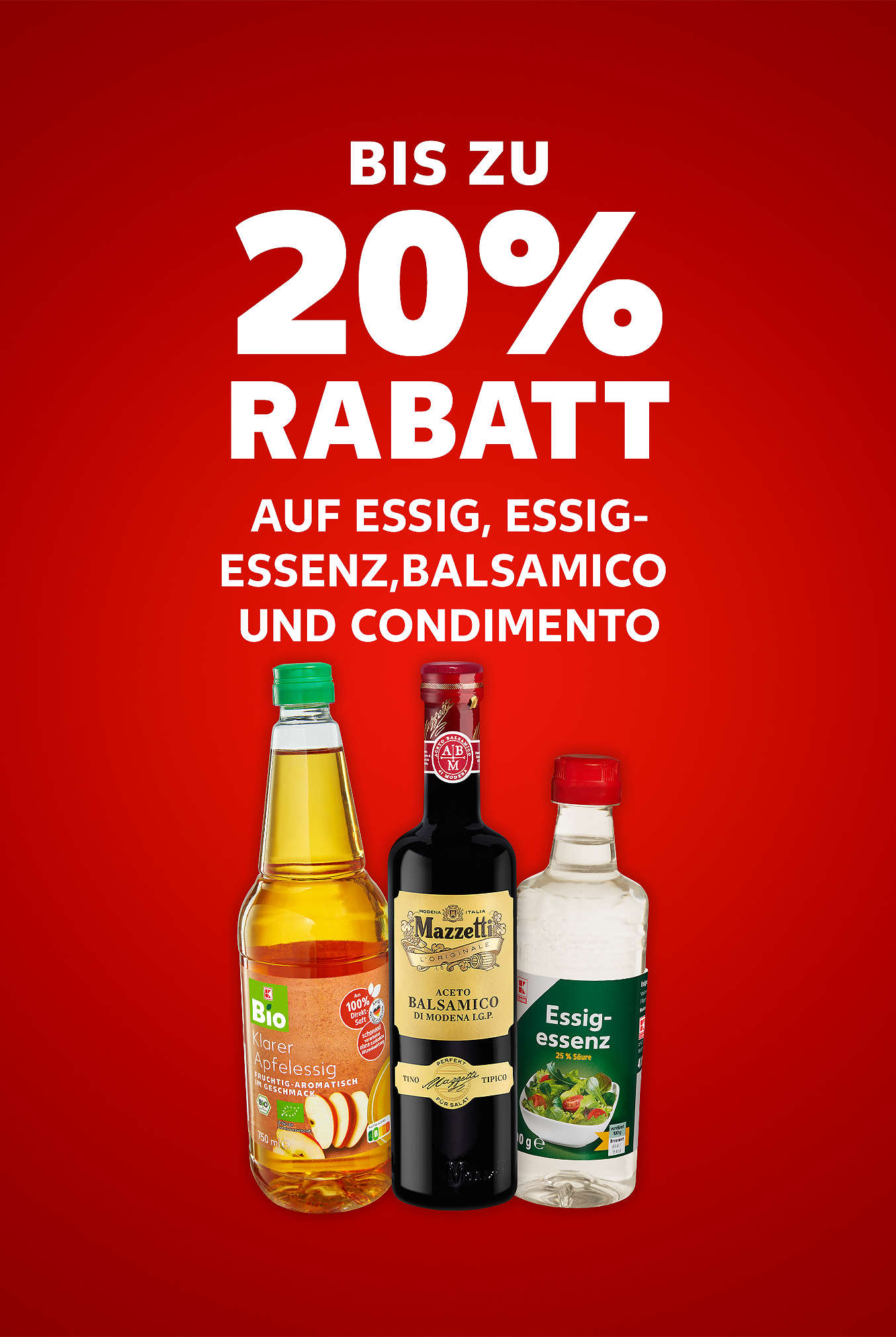 Schriftzug: Bis zu 20 % Rabatt auf Essig, Essigessenz, Balsamico und Condimento