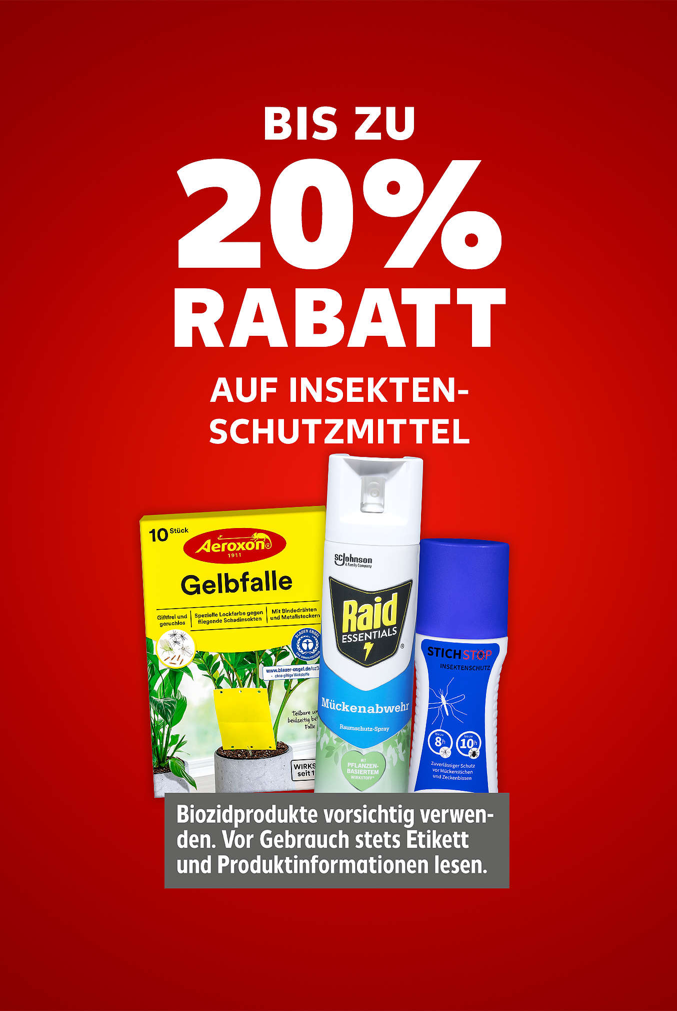 Schriftzug: Bis zu 20 % Rabatt auf Insektenschutzmittel (Biozidhinweis)