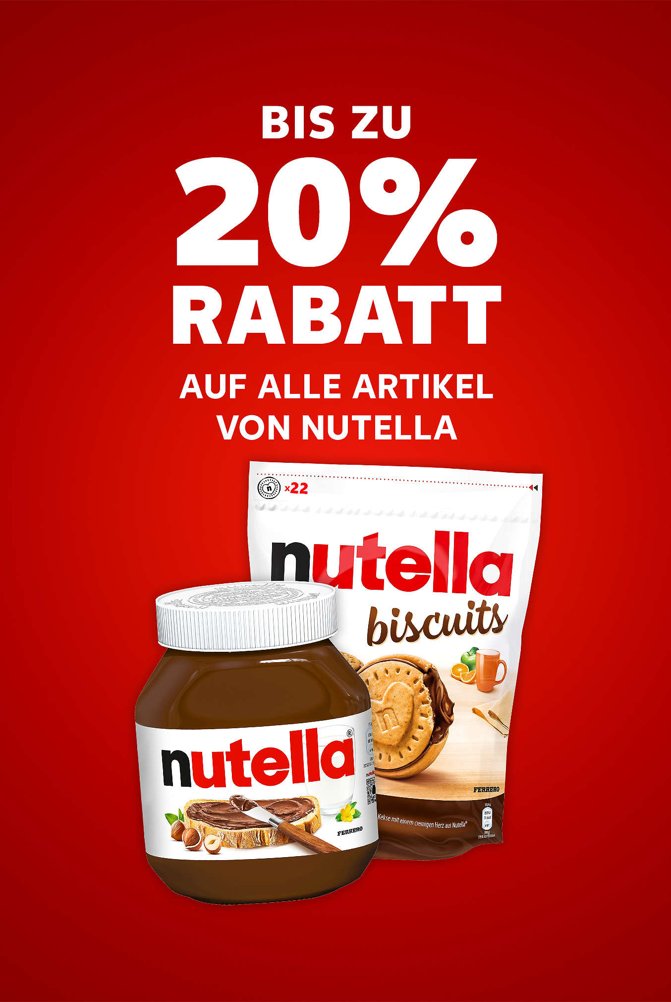 Schriftzug: Bis zu 20 % Rabatt auf alle Artikel von NUTELLA