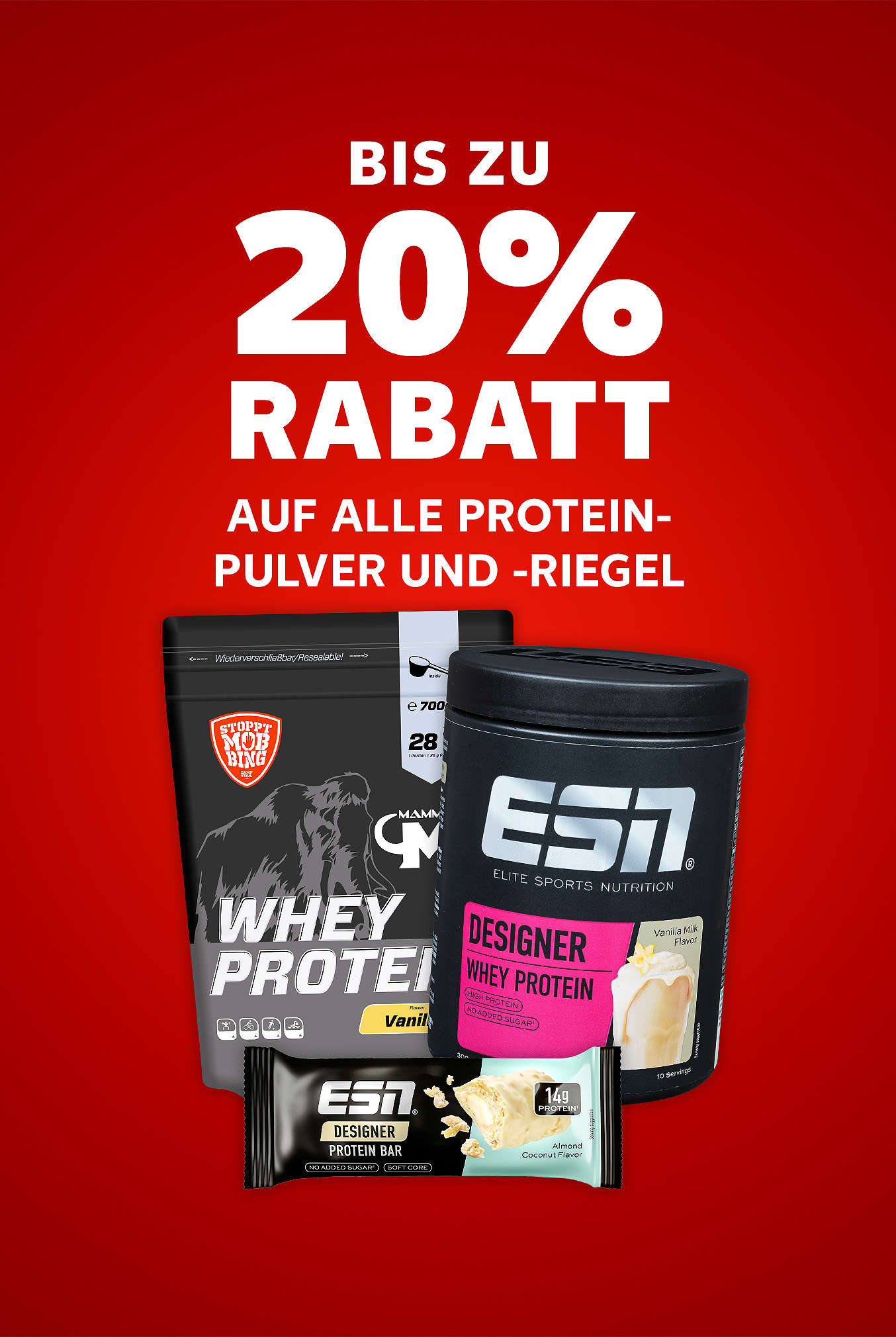 Schriftzug: Bis zu 20 % Rabatt auf alle Proteinpulver und -riegel
