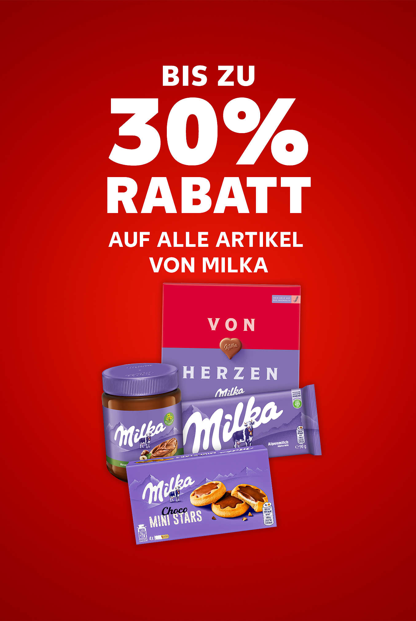 Schriftzug: Bis zu 30 % Rabatt auf alle Artikel von MILKA