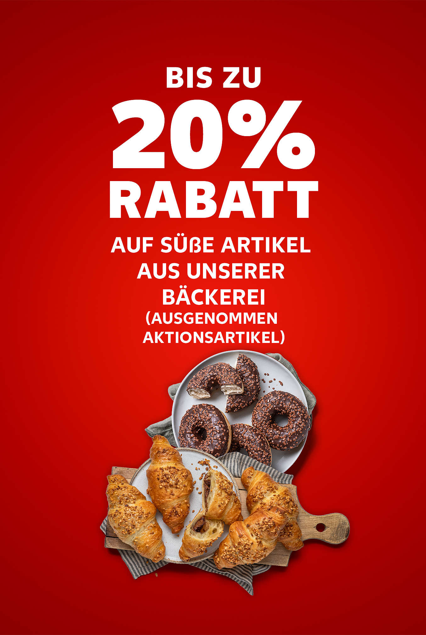 Schriftzug: Bis zu 20 % Rabatt auf süße Artikel aus unserer Bäckerei