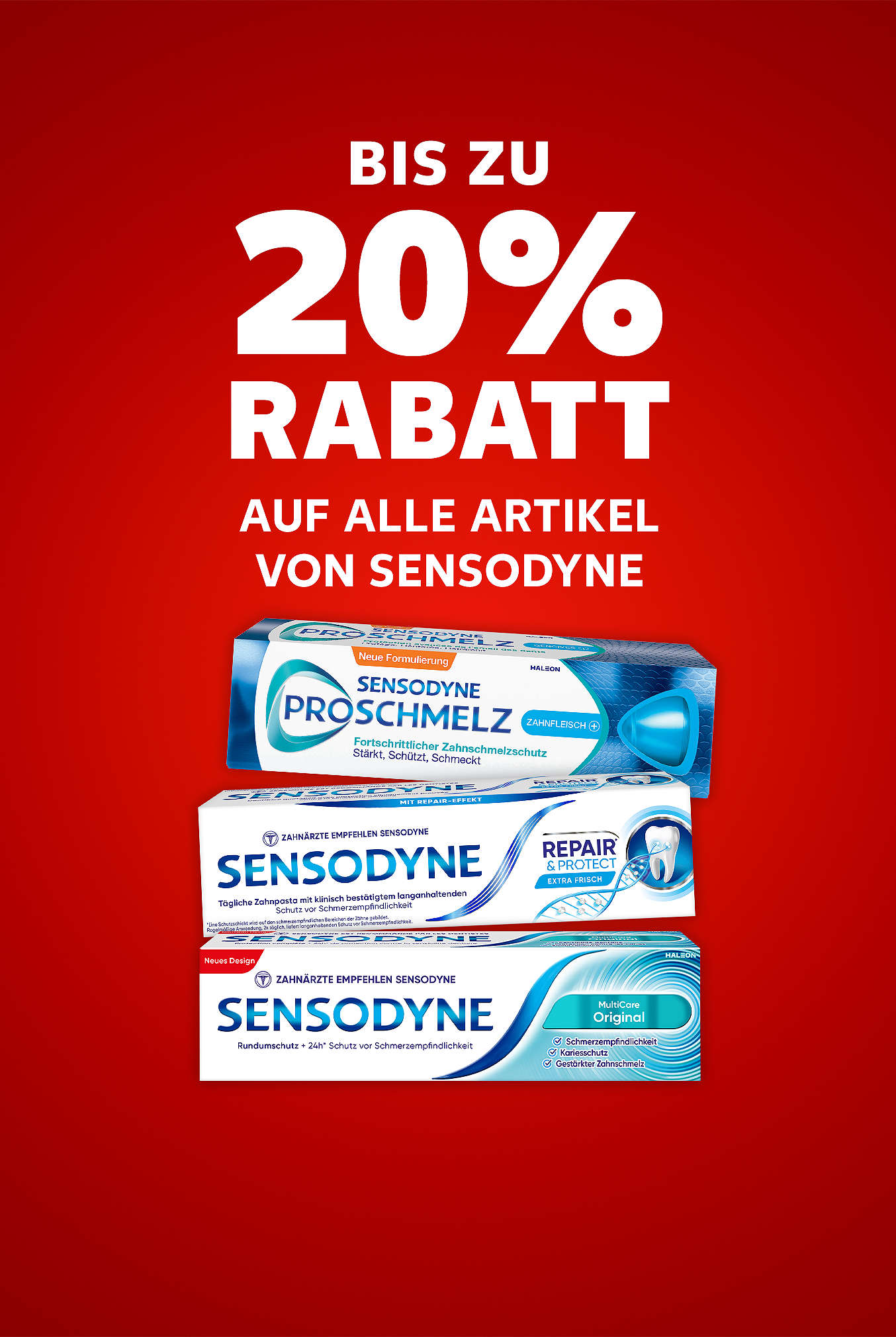 Schriftzug: Bis zu 20 % Rabatt auf alle Artikel von SENSODYNE