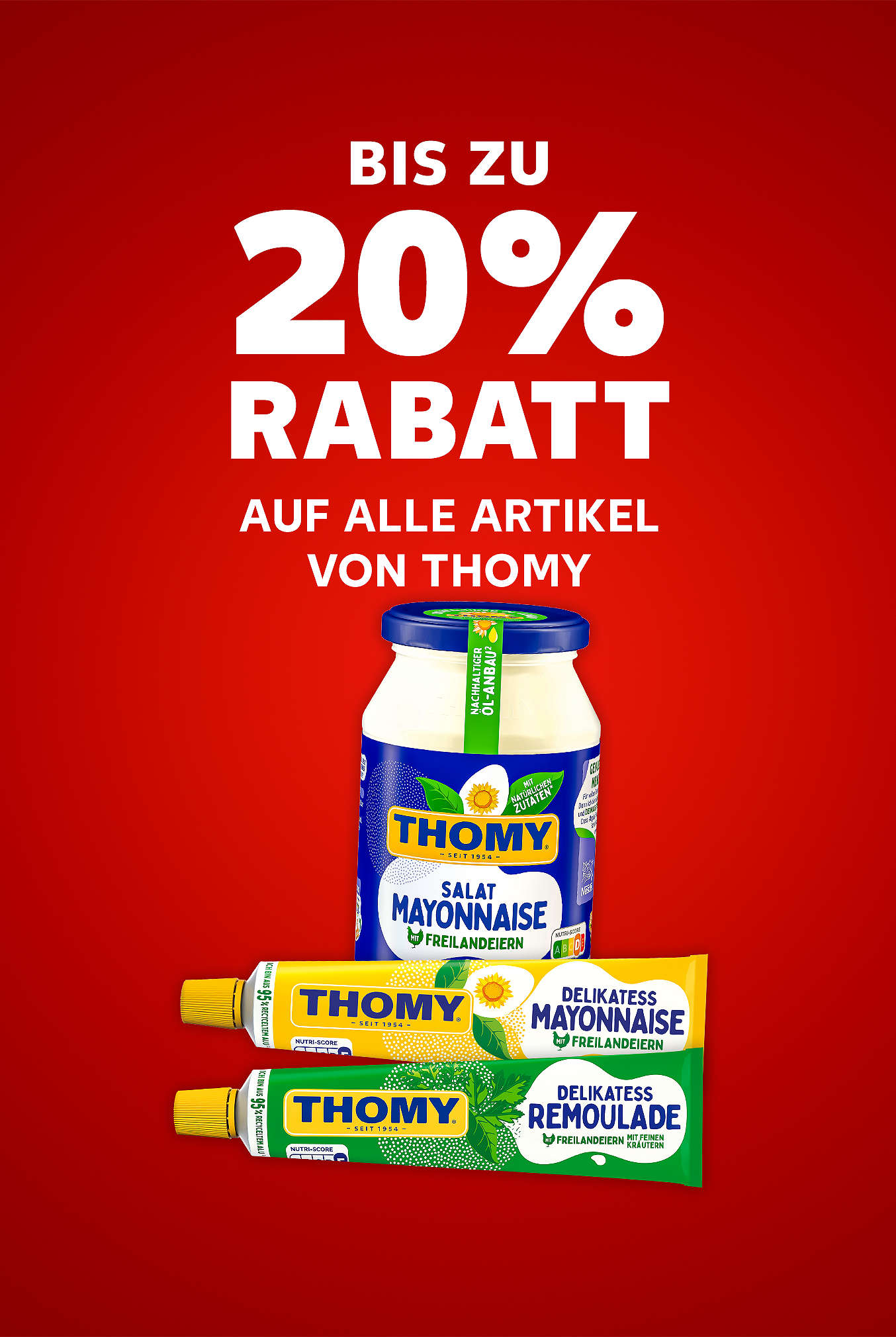 Schriftzug: Bis zu 20 % Rabatt auf alle Artikel von THOMY