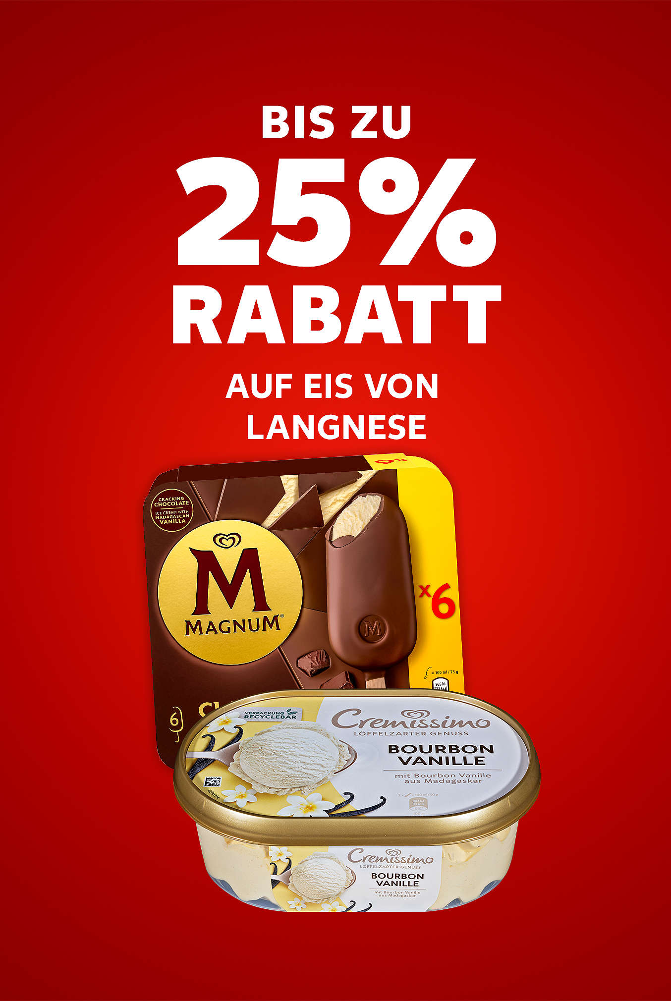 Schriftzug: Bis zu 25 % Rabatt auf Eis von LANGNESE